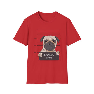 Bad Dog Pug Unisex Softstyle T-Shirt, Funny Dog Lover Tee, Pet Owner Gift, Casual Wear, Dog-Themed Apparel, Pet Humor Shirt