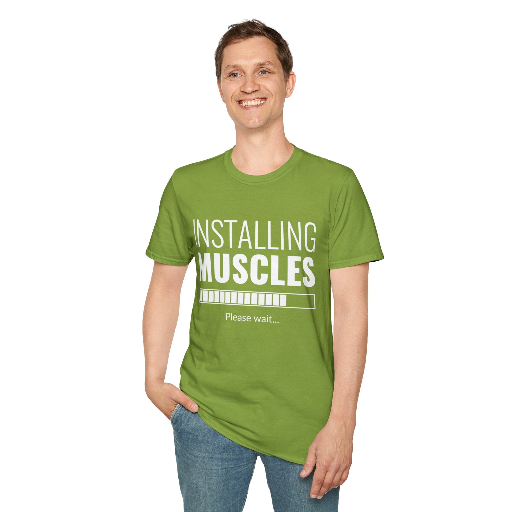 Funny Workout T-Shirt for Fitness Lovers, Gym Humor Shirt, Gift for Him or Her, Installing Muscles Tee, Soft and Comfortable Top