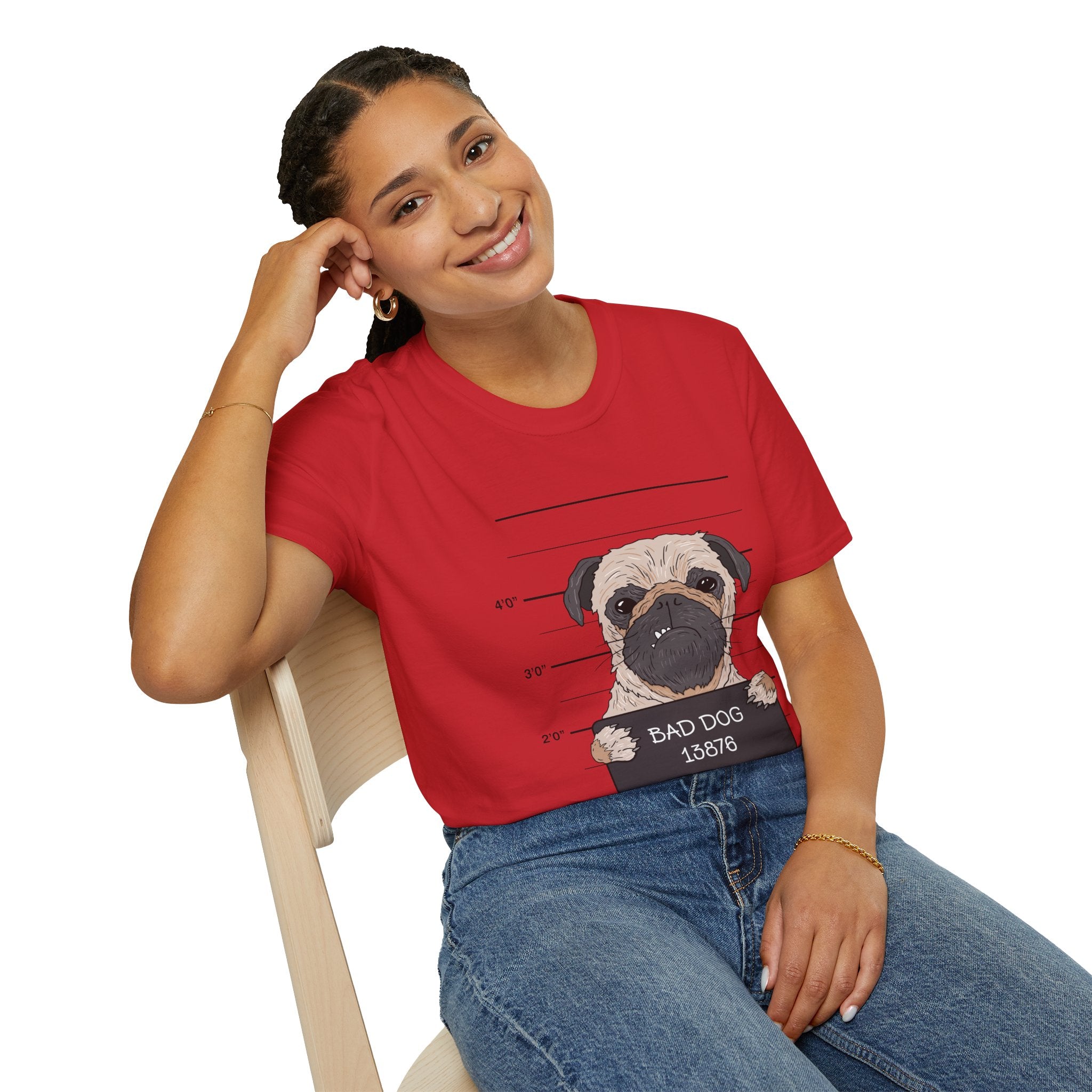 Bad Dog Pug Unisex Softstyle T-Shirt, Funny Dog Lover Tee, Pet Owner Gift, Casual Wear, Dog-Themed Apparel, Pet Humor Shirt