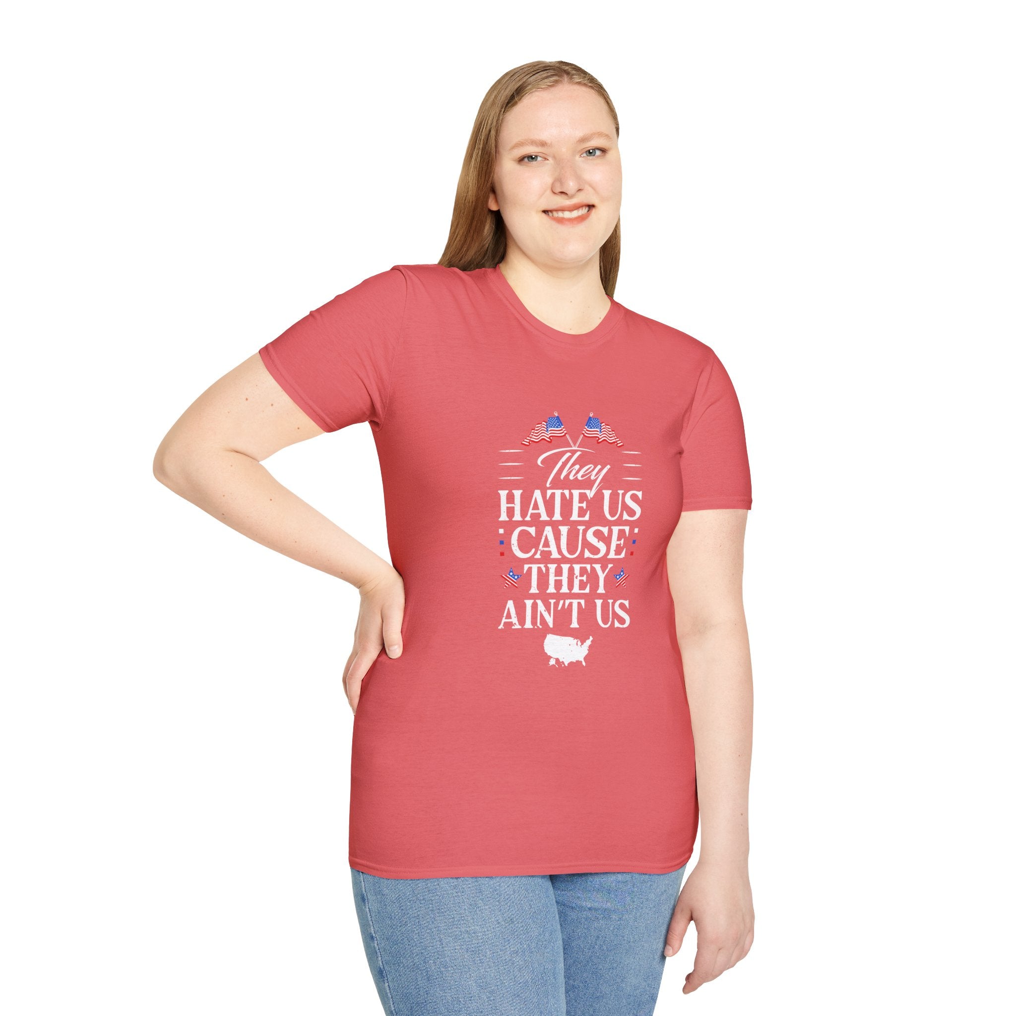 Unisex Softstyle Tee - They Hate Us Cause They Ain't Us, Casual Wear, Gift for Friends, Trendy Graphic Shirt, Comfortable Everyday [...]
