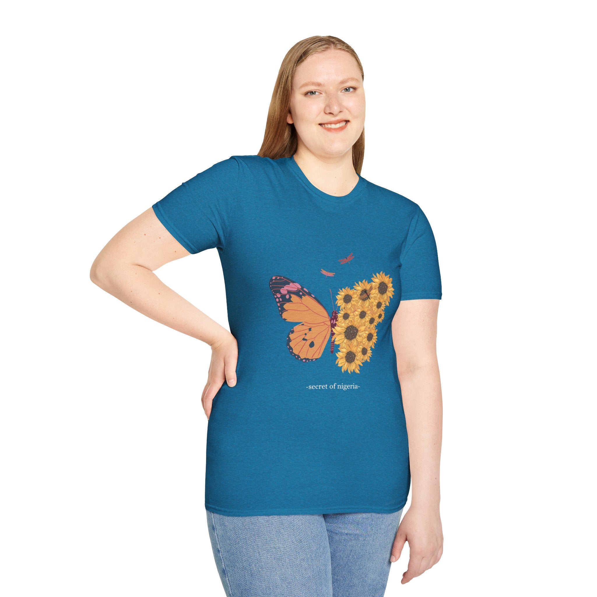 Butterfly and Sunflower Unisex Softstyle T-Shirt, Nature Lovers