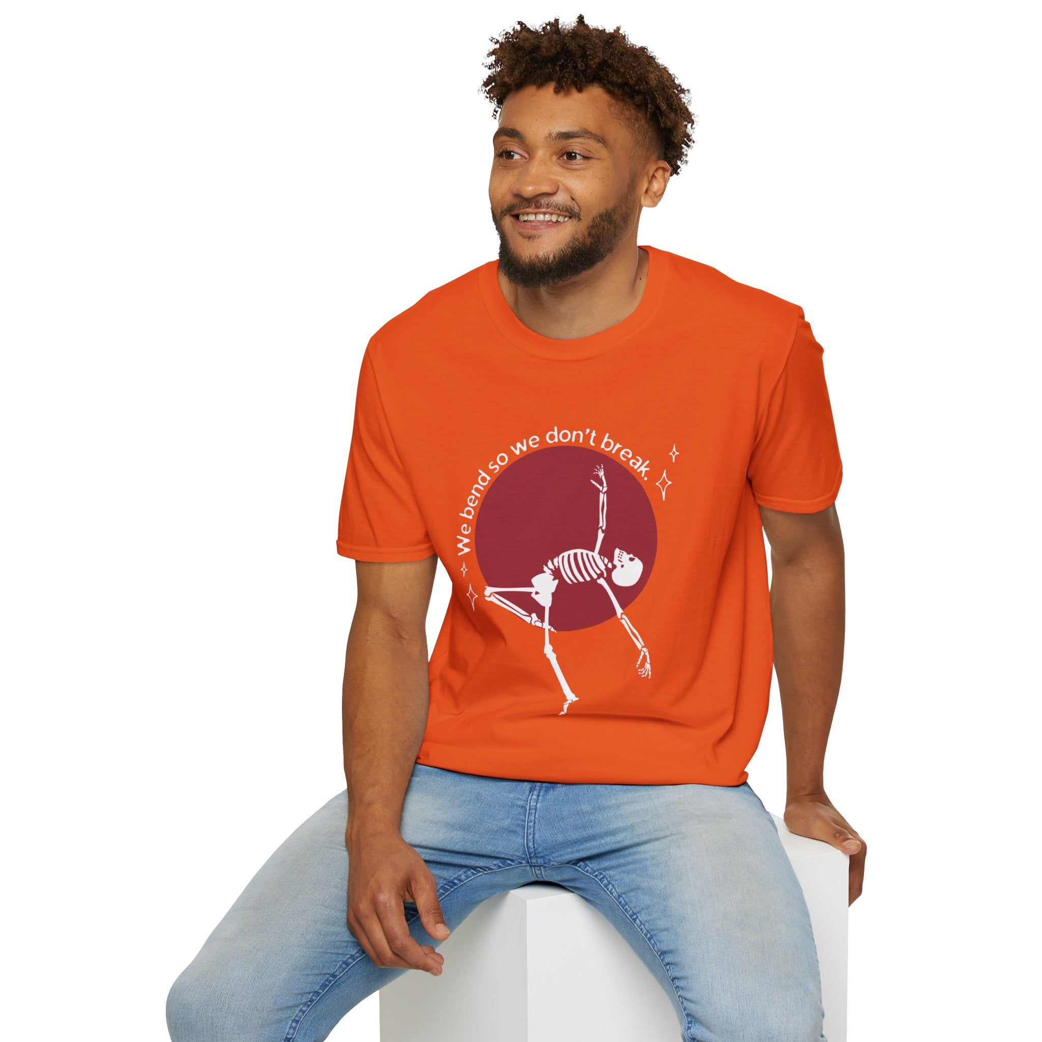 Skeleton Yoga Unisex T-Shirt, We Bend So We Don't Break Tee