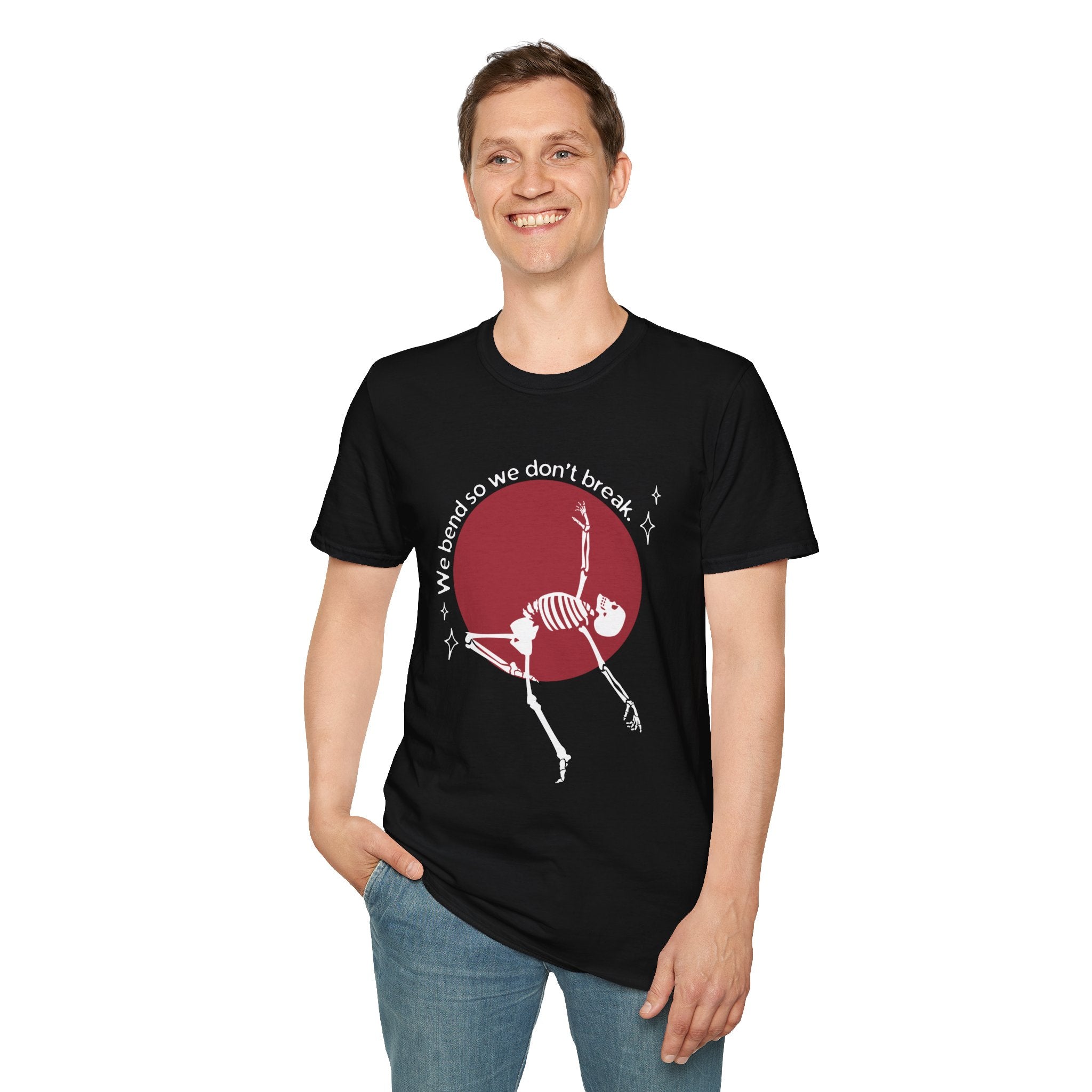 Skeleton Yoga Unisex T-Shirt, We Bend So We Don't Break Tee