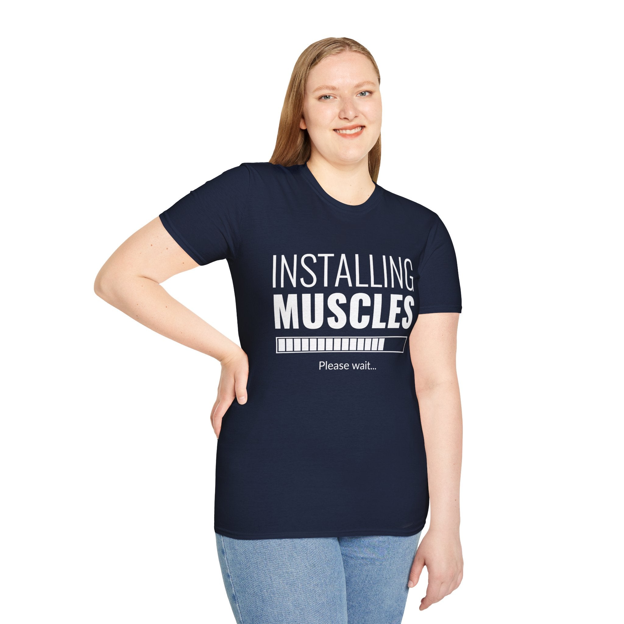 Funny Workout T-Shirt for Fitness Lovers, Gym Humor Shirt, Gift for Him or Her, Installing Muscles Tee, Soft and Comfortable Top