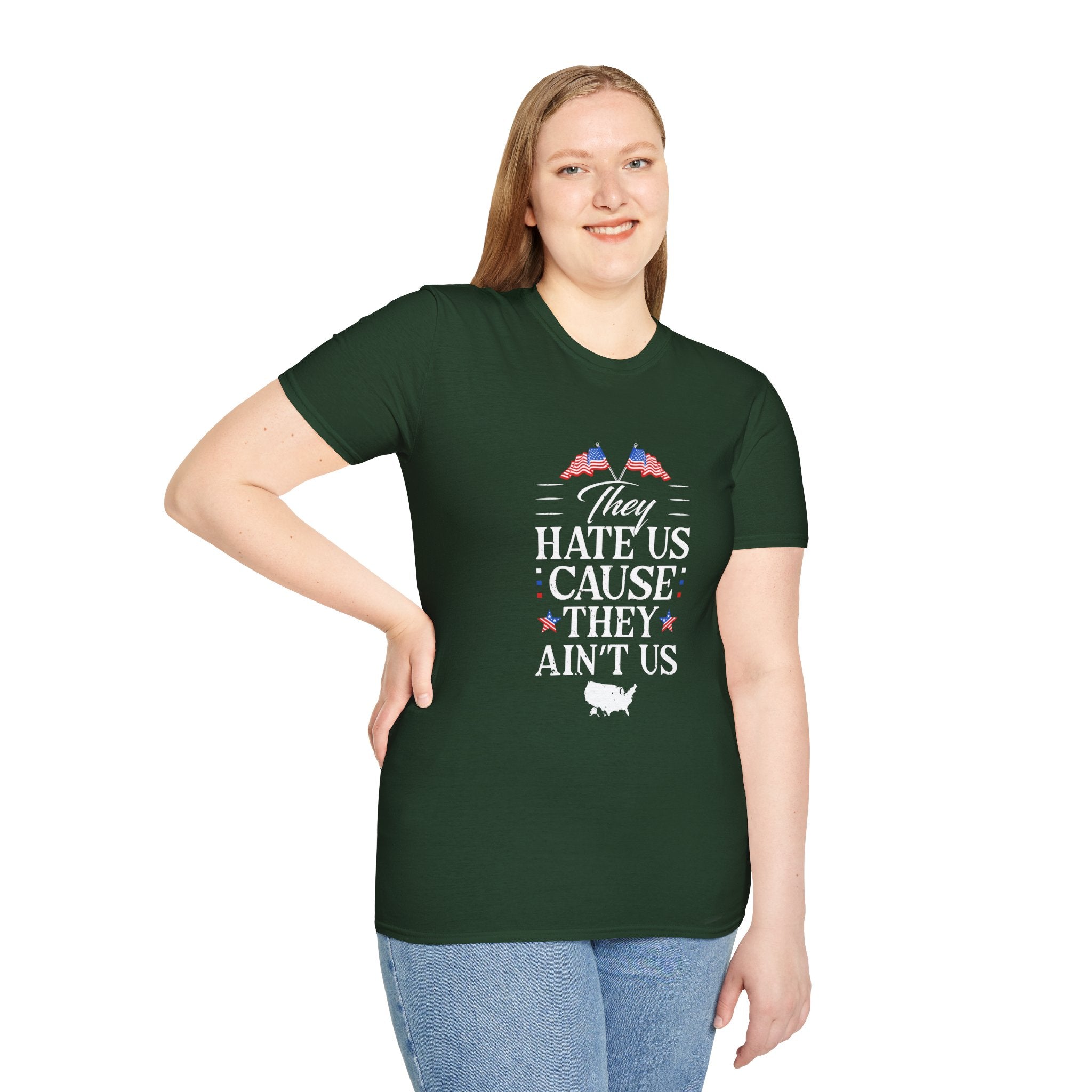 Unisex Softstyle Tee - They Hate Us Cause They Ain't Us, Casual Wear, Gift for Friends, Trendy Graphic Shirt, Comfortable Everyday [...]