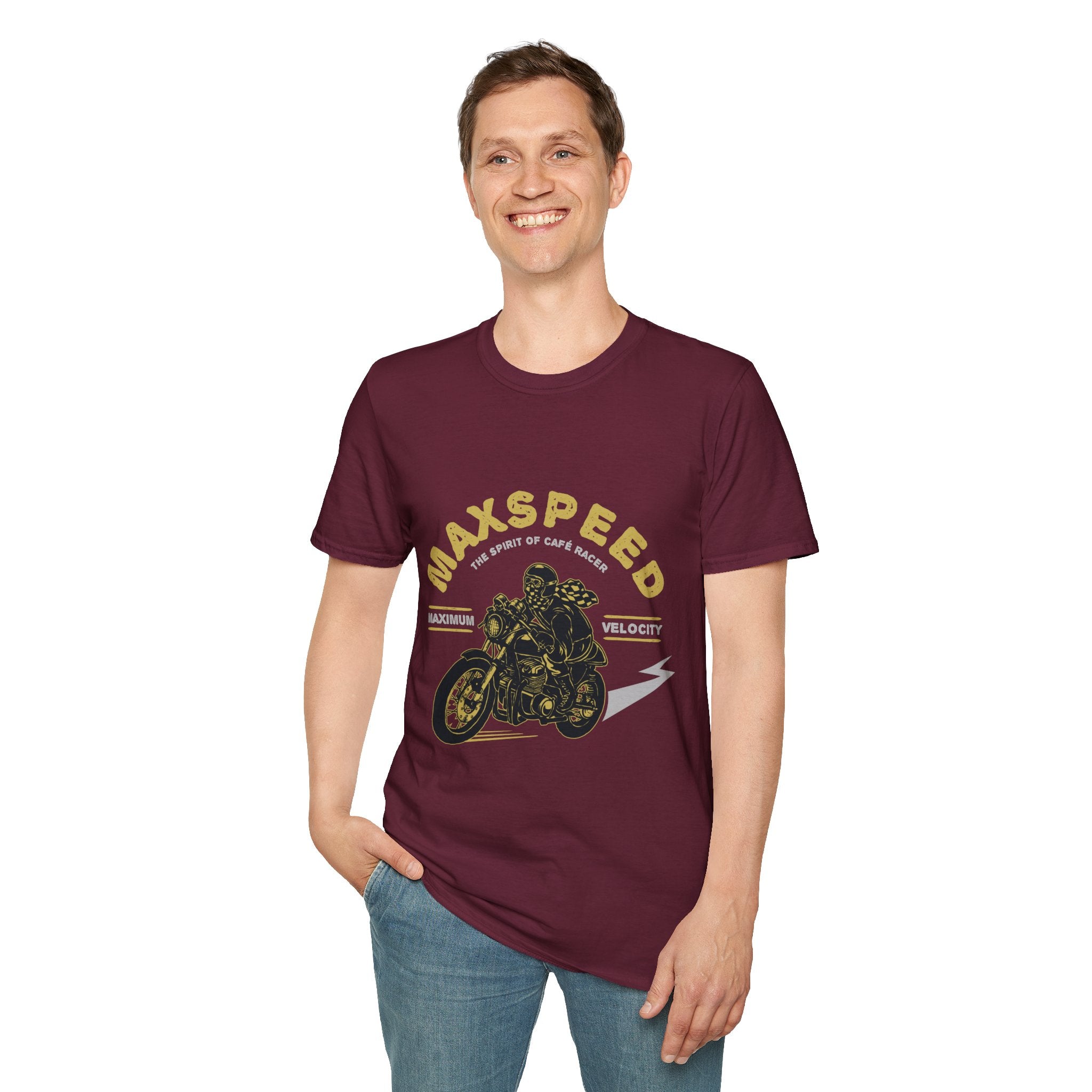 Maxspeed Motorcycle Unisex Softstyle T-Shirt, Biker Tee, Gift for Him, Casual Wear, Custom Graphic Shirt, Motorcycle Enthusiast Apparel