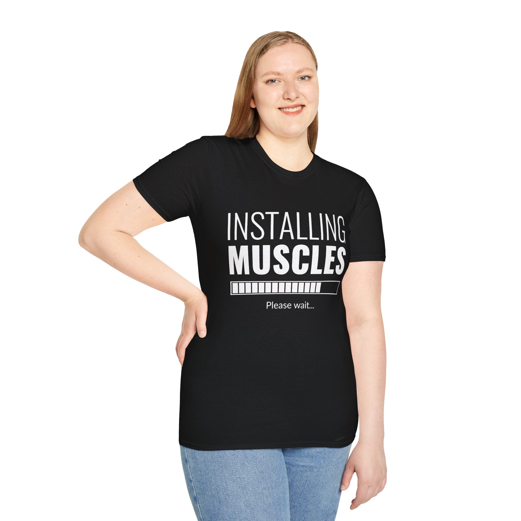 Funny Workout T-Shirt for Fitness Lovers, Gym Humor Shirt, Gift for Him or Her, Installing Muscles Tee, Soft and Comfortable Top