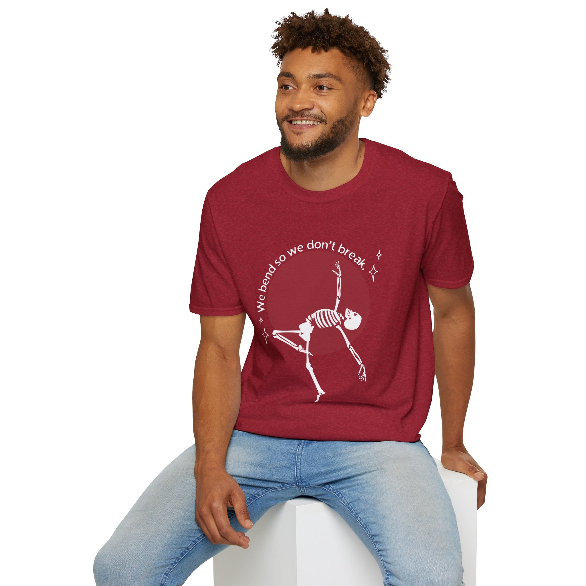 Skeleton Yoga Unisex T-Shirt, We Bend So We Don't Break Tee