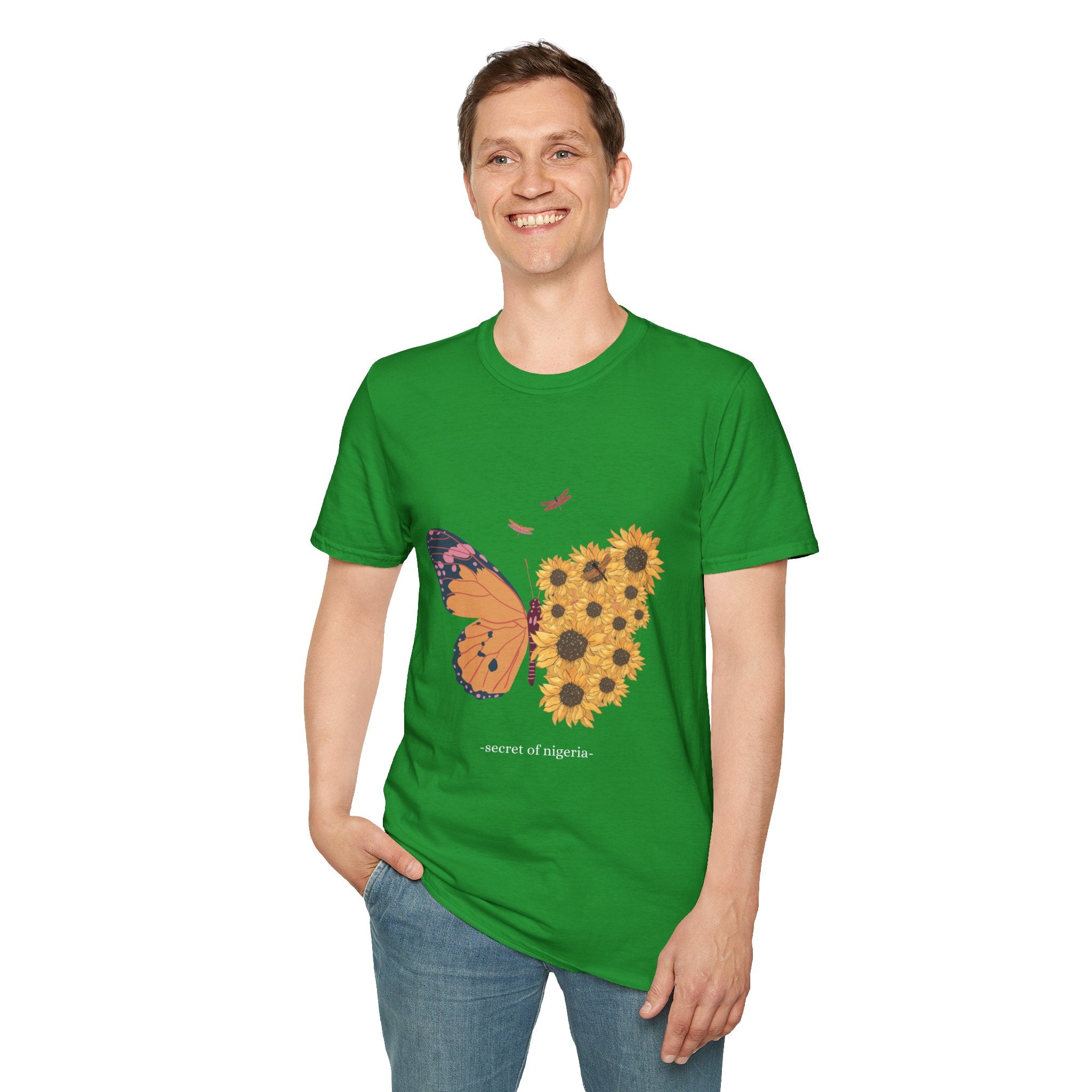 Butterfly and Sunflower Unisex Softstyle T-Shirt, Nature Lovers