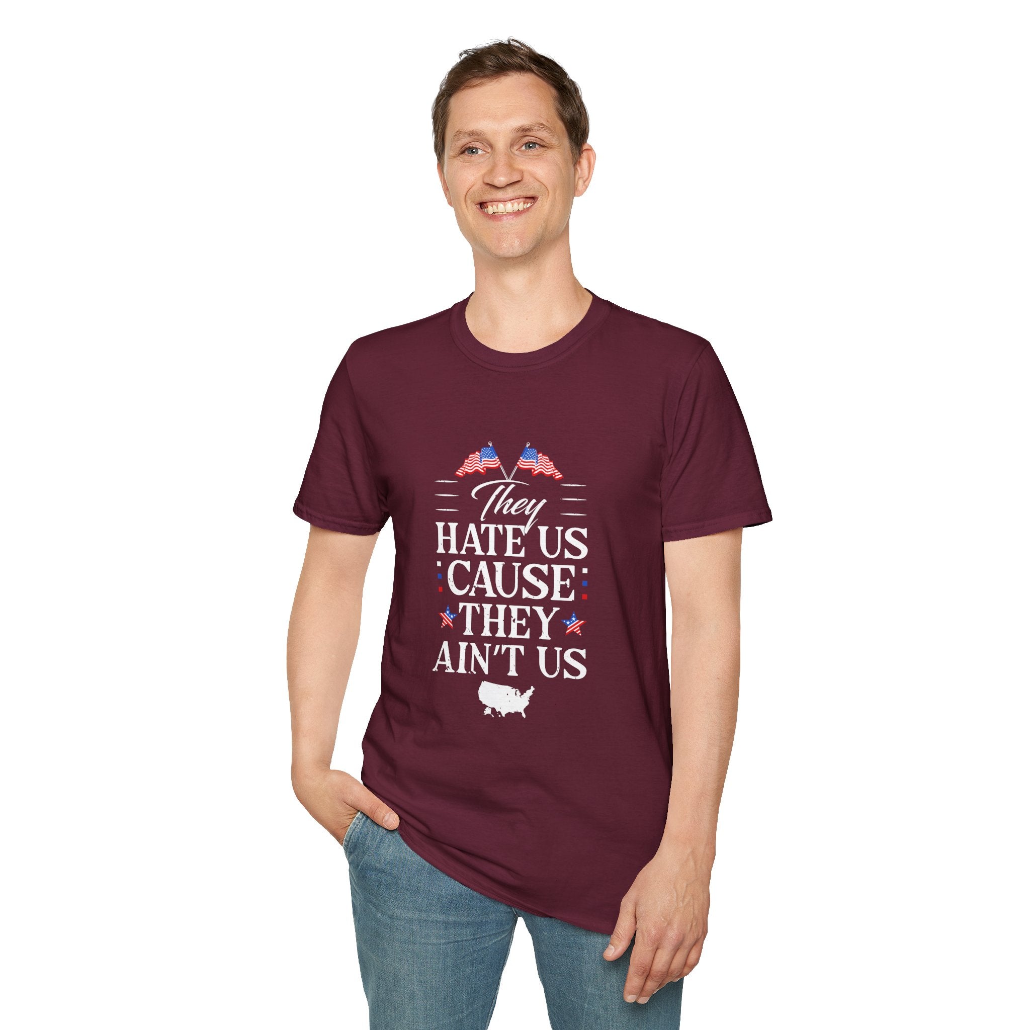 Unisex Softstyle Tee - They Hate Us Cause They Ain't Us, Casual Wear, Gift for Friends, Trendy Graphic Shirt, Comfortable Everyday [...]