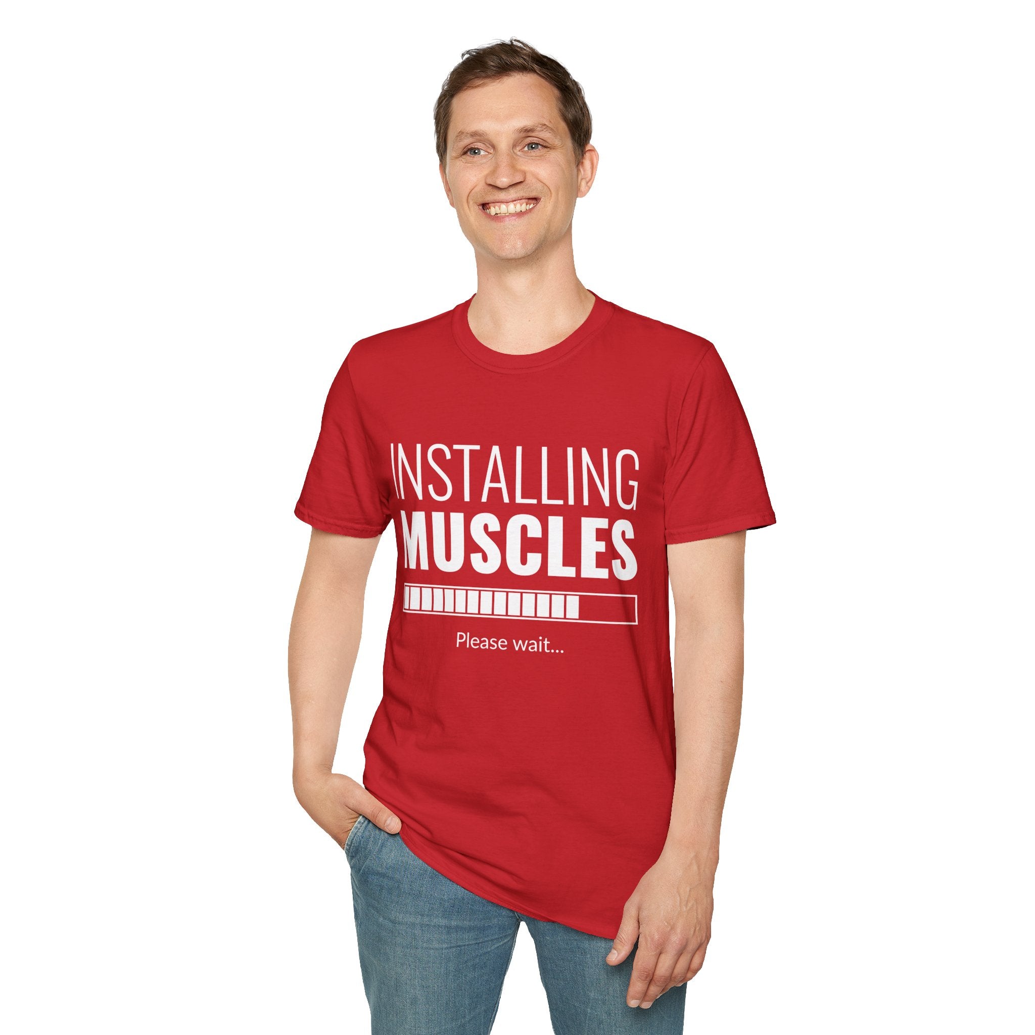 Funny Workout T-Shirt for Fitness Lovers, Gym Humor Shirt, Gift for Him or Her, Installing Muscles Tee, Soft and Comfortable Top