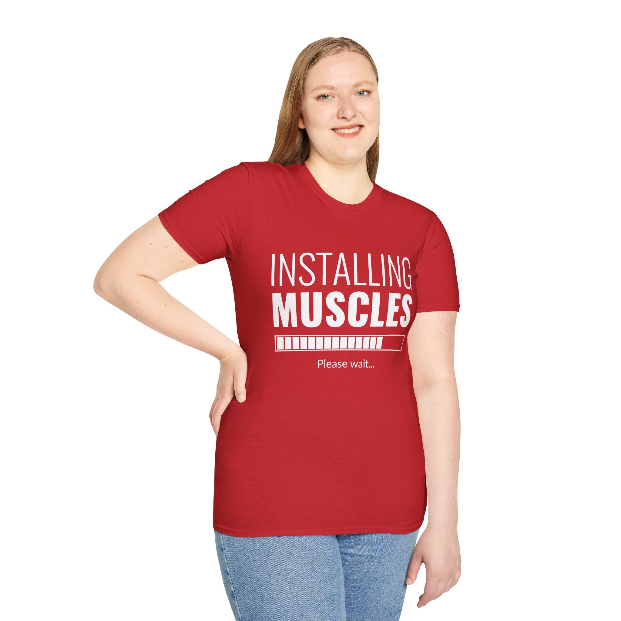 Funny Workout T-Shirt for Fitness Lovers, Gym Humor Shirt, Gift for Him or Her, Installing Muscles Tee, Soft and Comfortable Top
