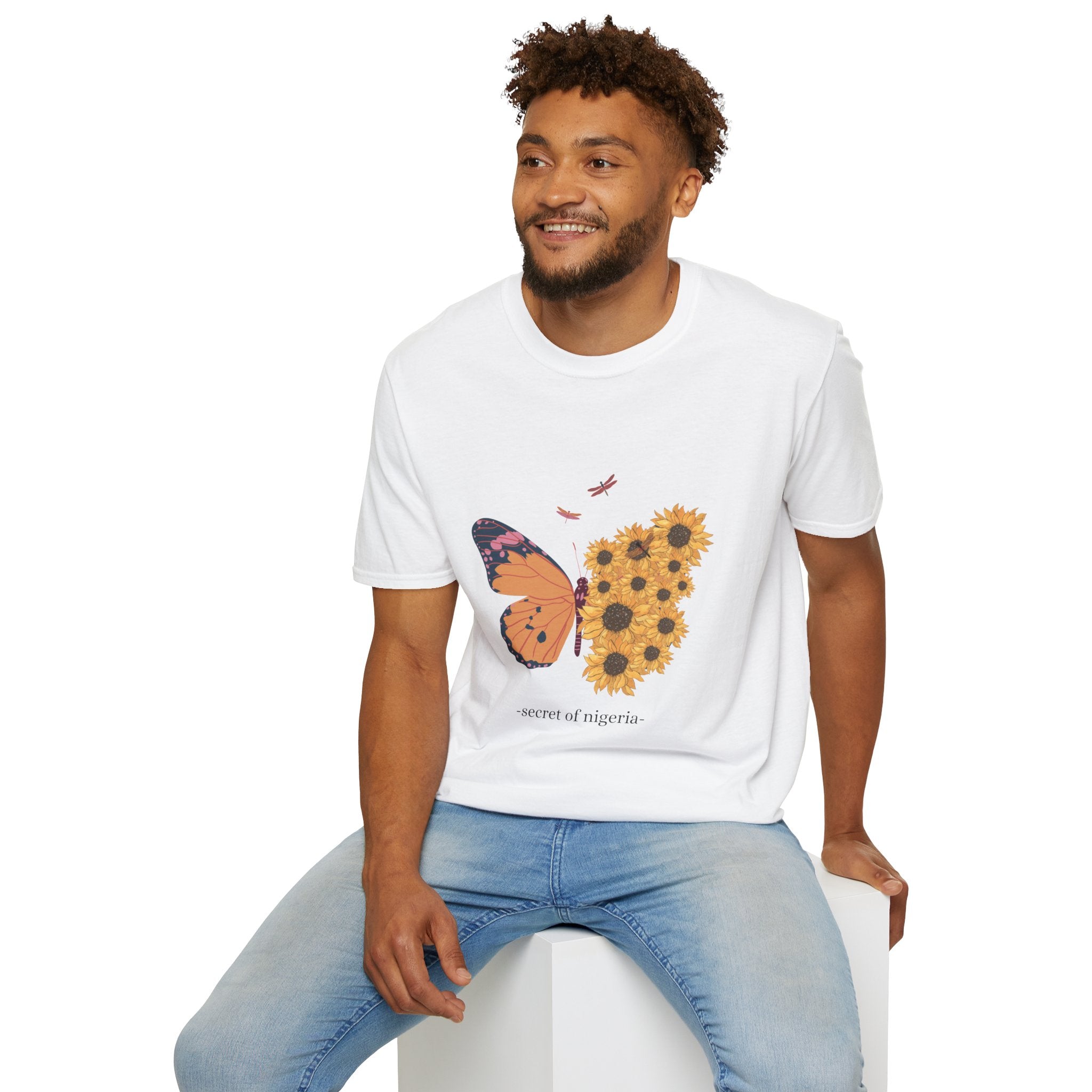 Butterfly and Sunflower Unisex Softstyle T-Shirt, Nature Lovers