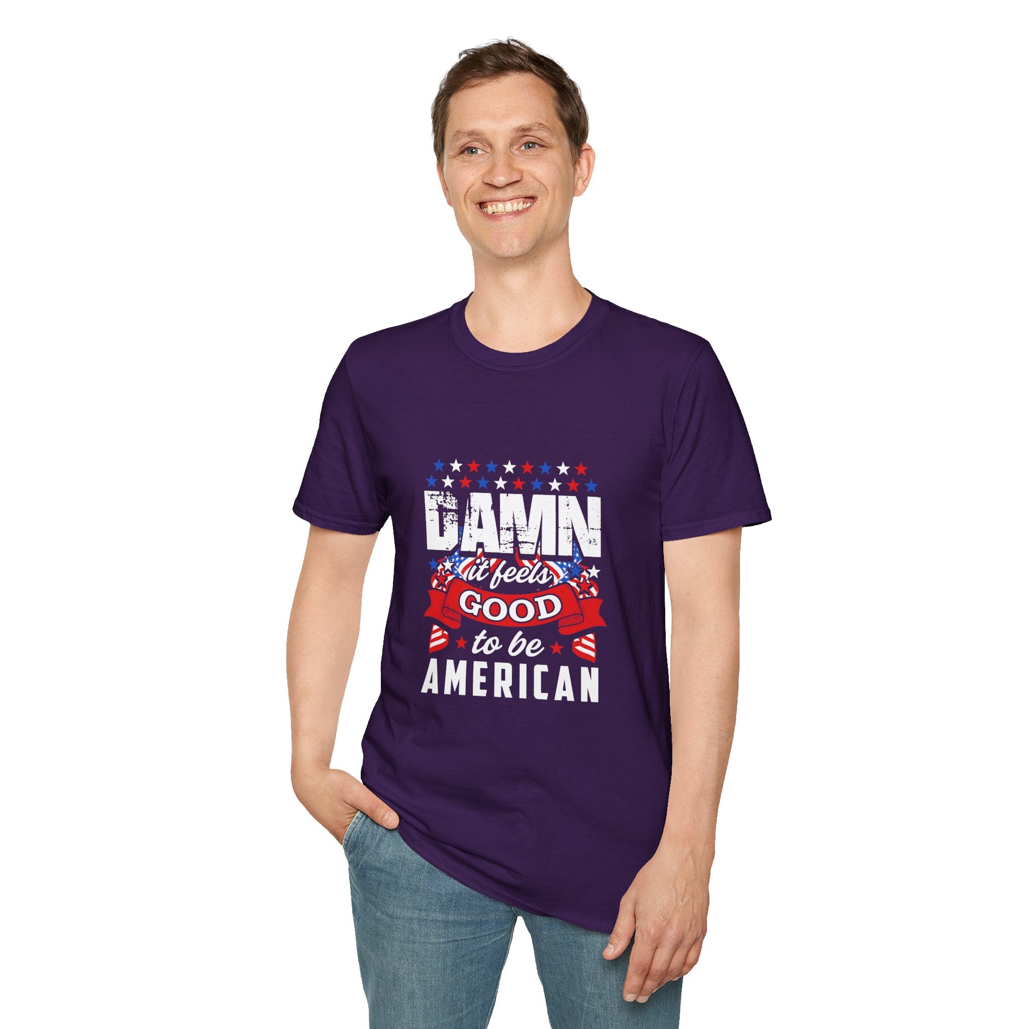 Unisex Patriotic T-Shirt: "Damn It Feels Good to Be American" - Perfect for Independence Day, BBQs, Casual Outings, Gifts, and Celebrations