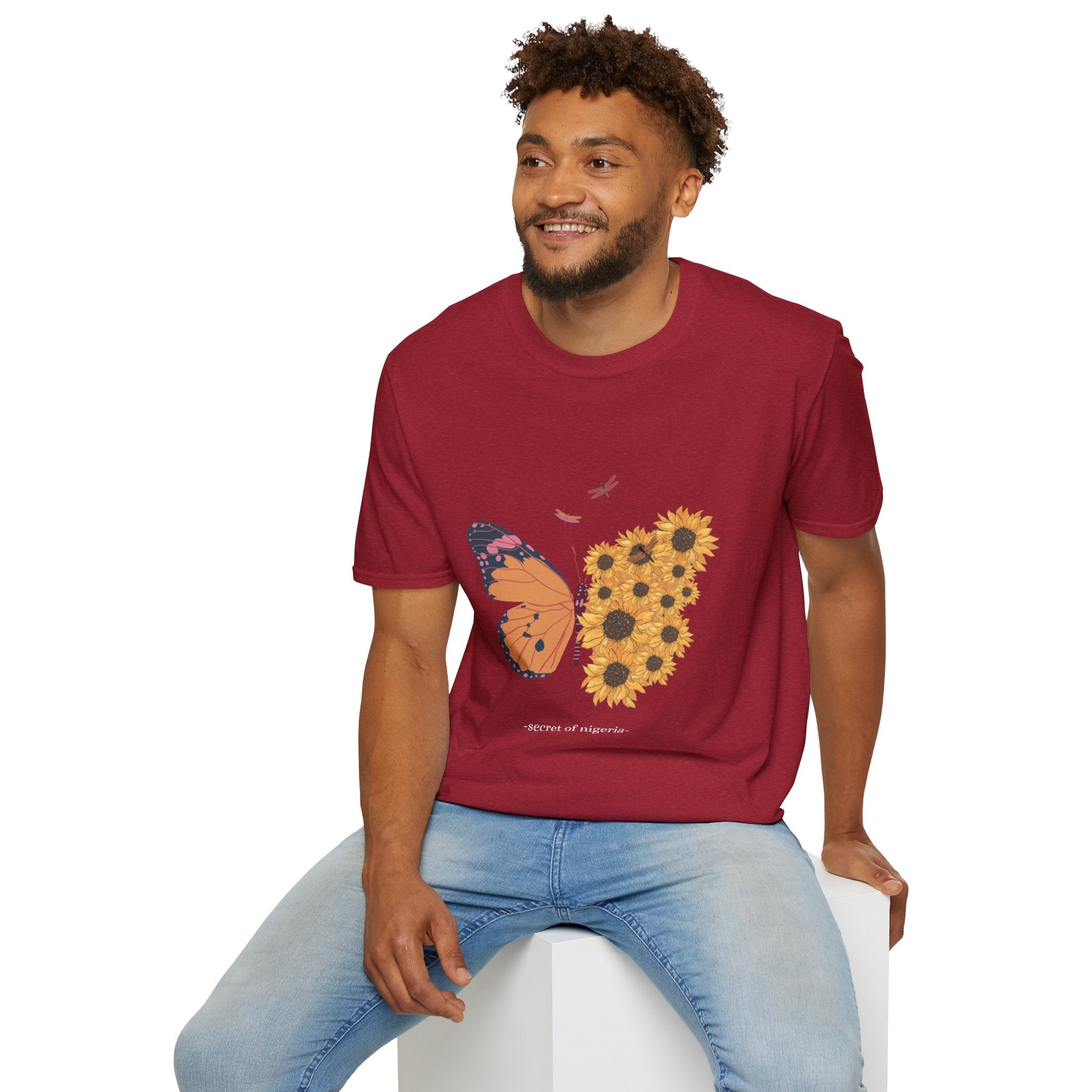 Butterfly and Sunflower Unisex Softstyle T-Shirt, Nature Lovers