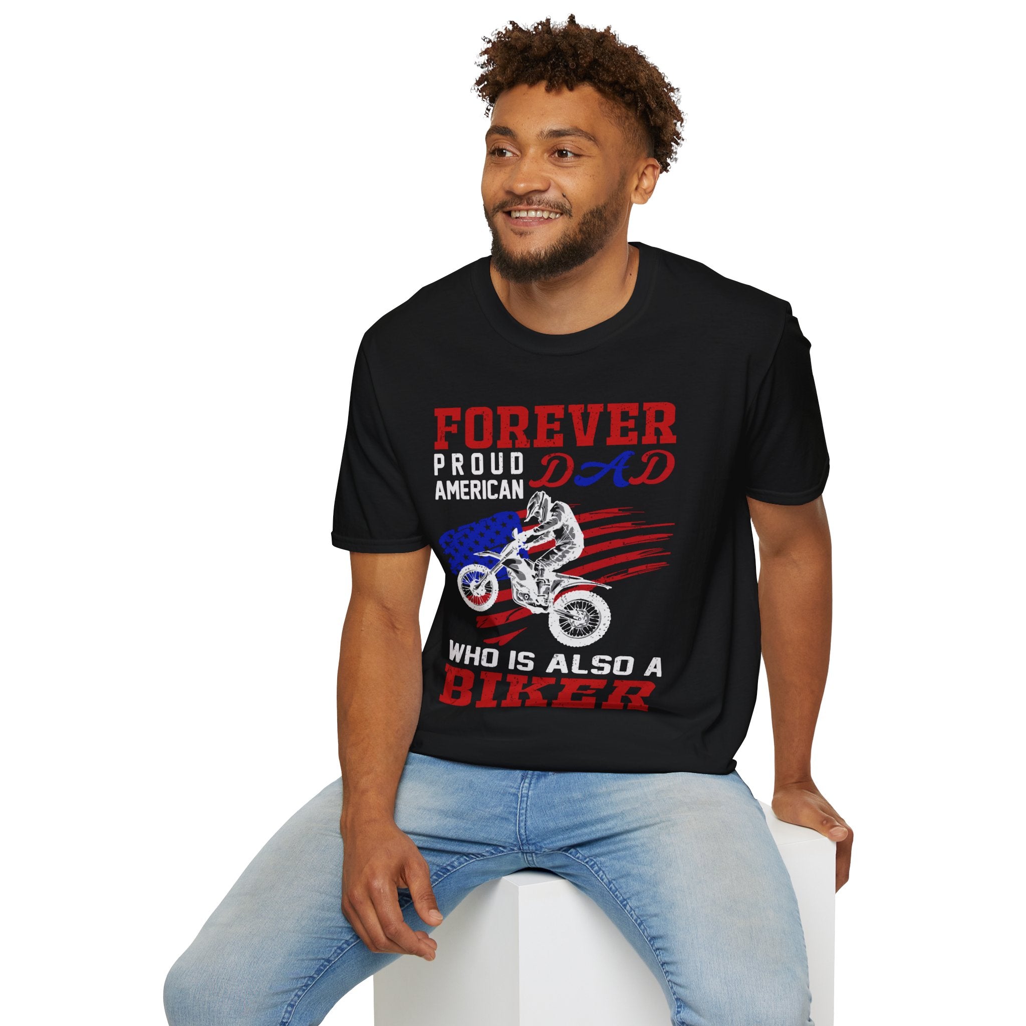 Forever Proud Dad Biker T-Shirt, Gifts for Bikers, Father's Day Tee, Unisex Softstyle Shirt, American Pride Apparel