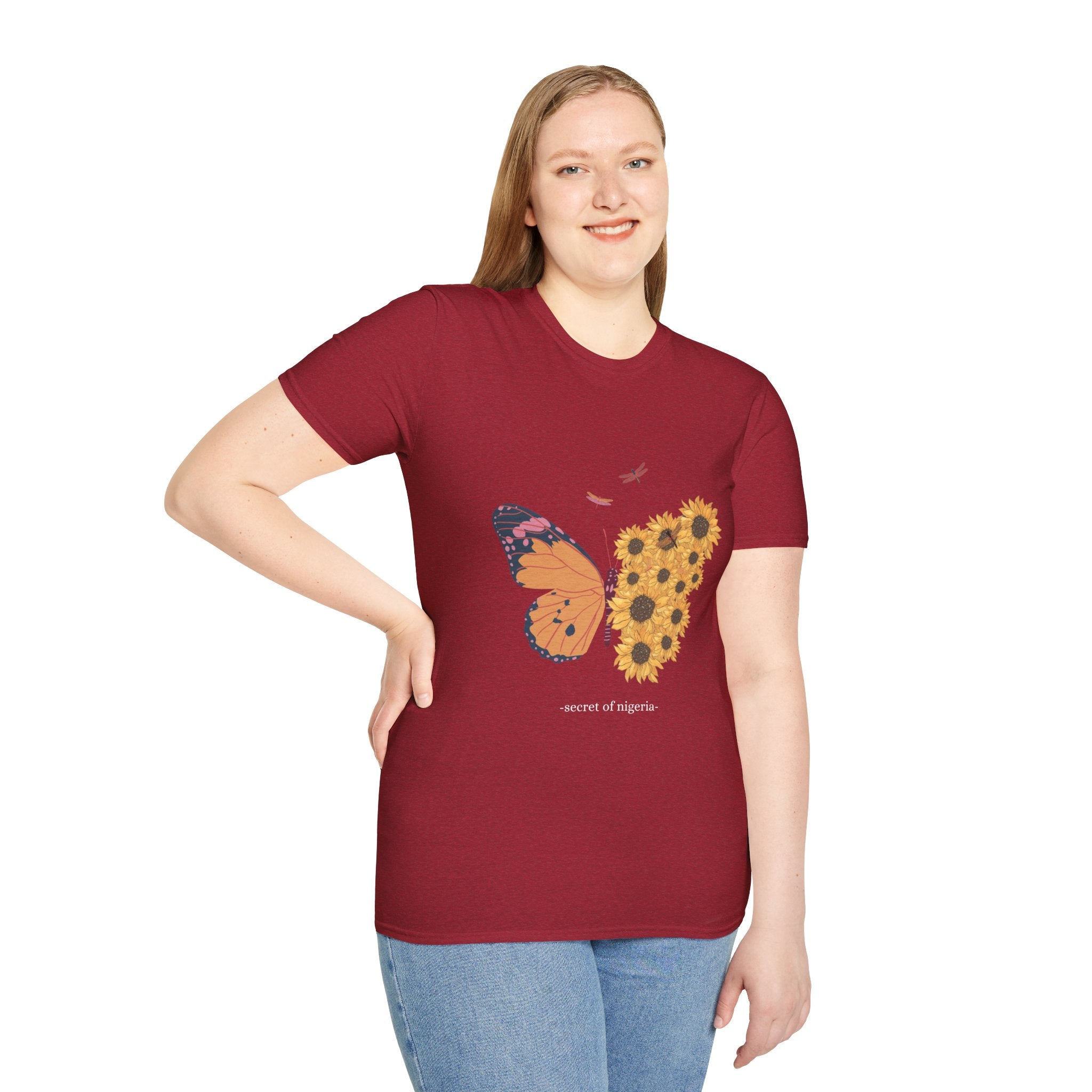 Butterfly and Sunflower Unisex Softstyle T-Shirt, Nature Lovers