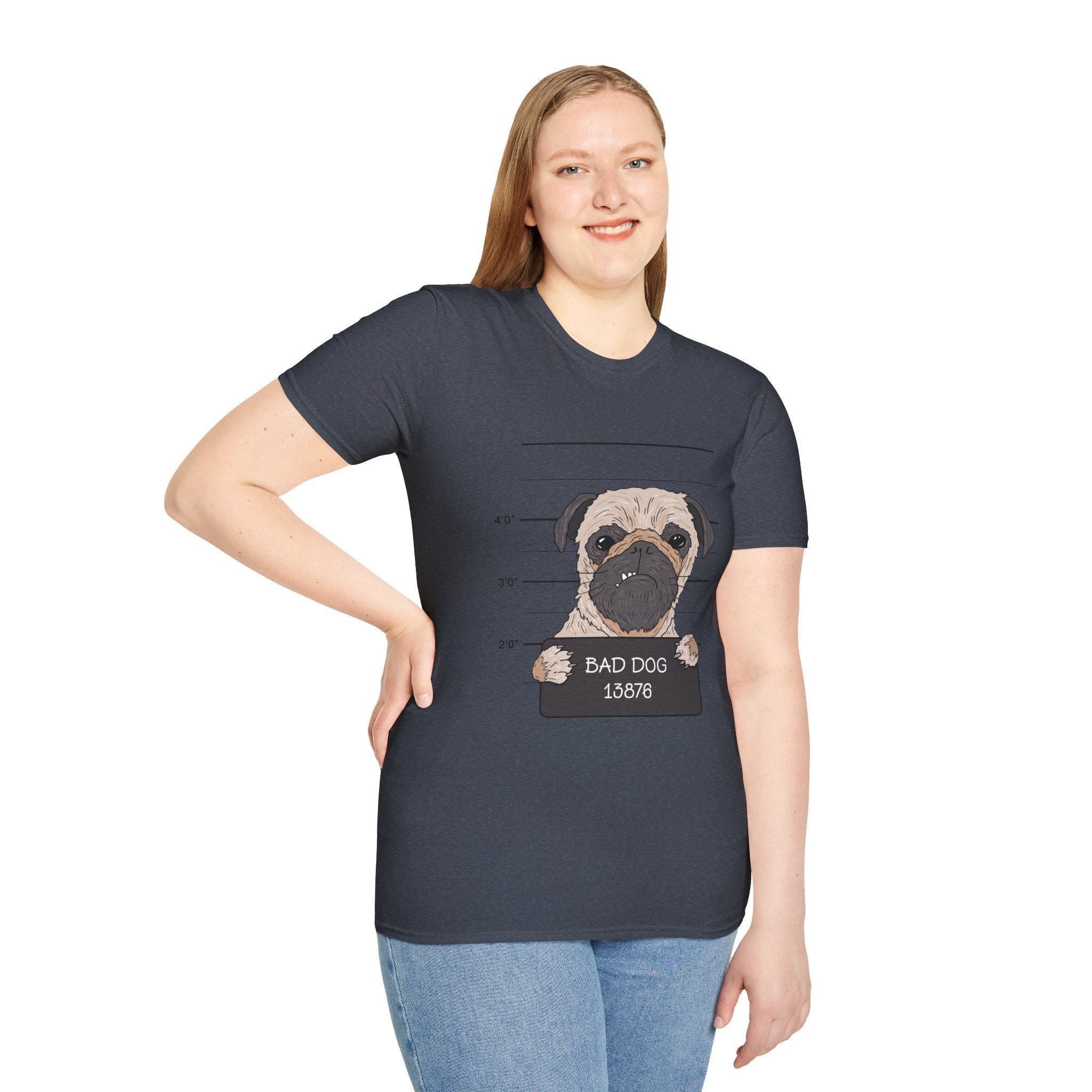 Bad Dog Pug Unisex Softstyle T-Shirt, Funny Dog Lover Tee, Pet Owner Gift, Casual Wear, Dog-Themed Apparel, Pet Humor Shirt