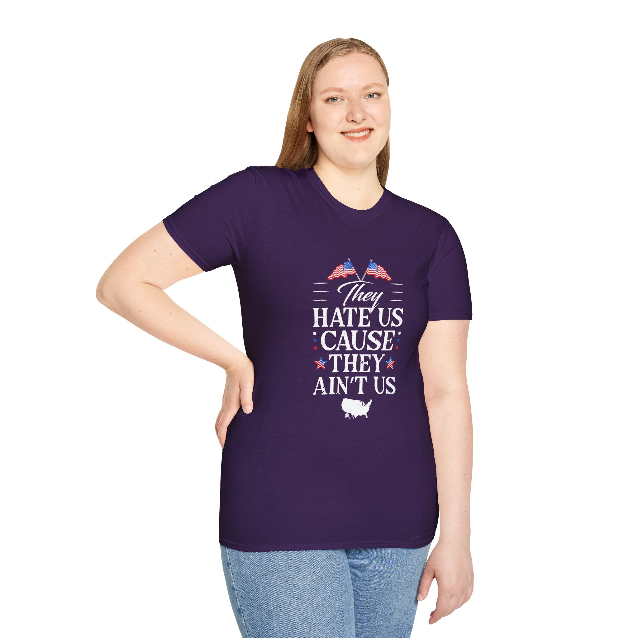 Unisex Softstyle Tee - They Hate Us Cause They Ain't Us, Casual Wear, Gift for Friends, Trendy Graphic Shirt, Comfortable Everyday [...]