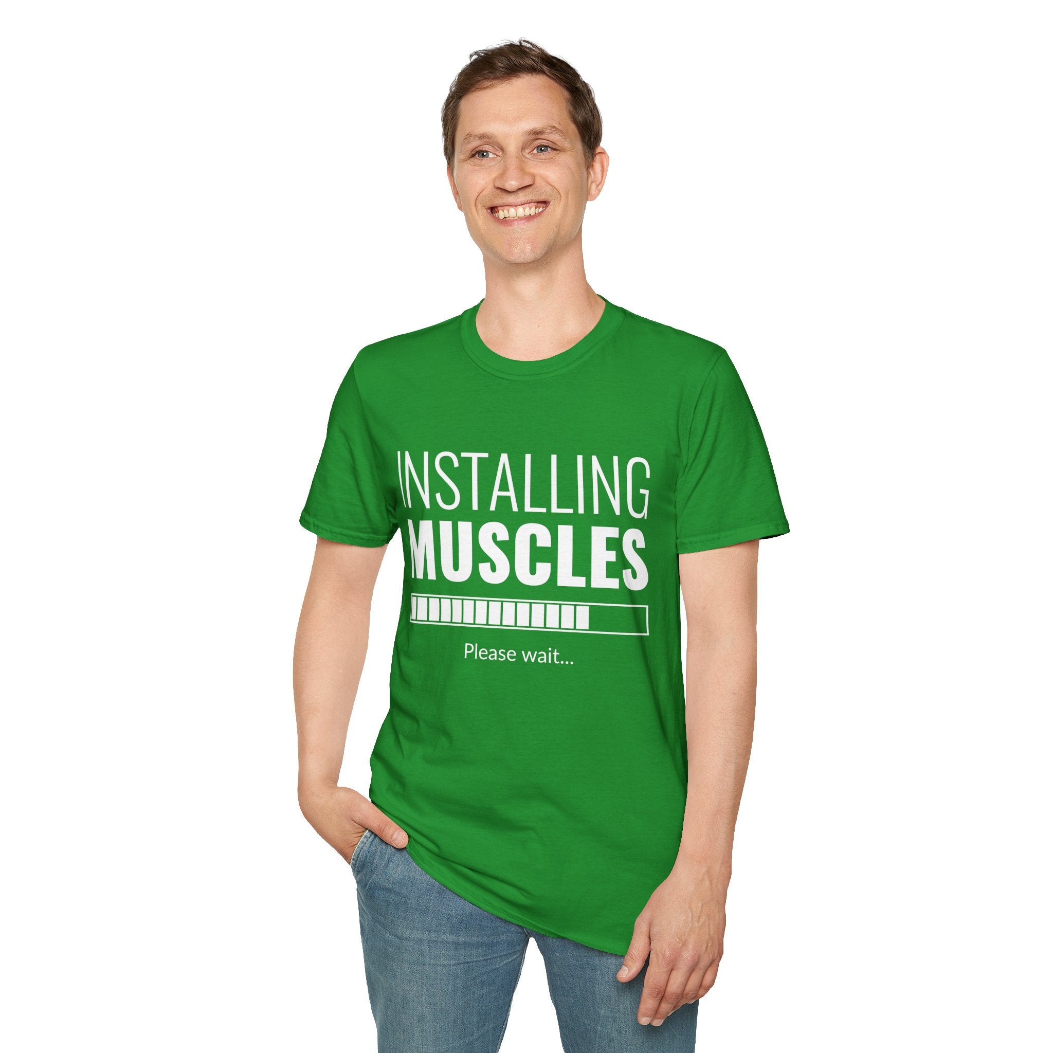 Funny Workout T-Shirt for Fitness Lovers, Gym Humor Shirt, Gift for Him or Her, Installing Muscles Tee, Soft and Comfortable Top