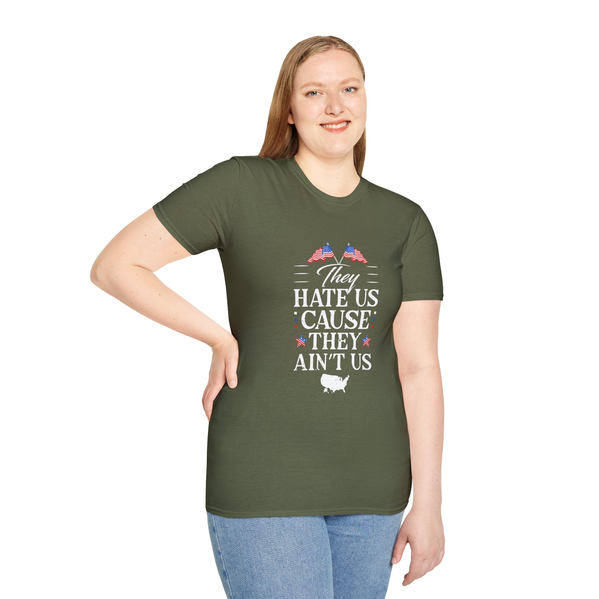 Unisex Softstyle Tee - They Hate Us Cause They Ain't Us, Casual Wear, Gift for Friends, Trendy Graphic Shirt, Comfortable Everyday [...]
