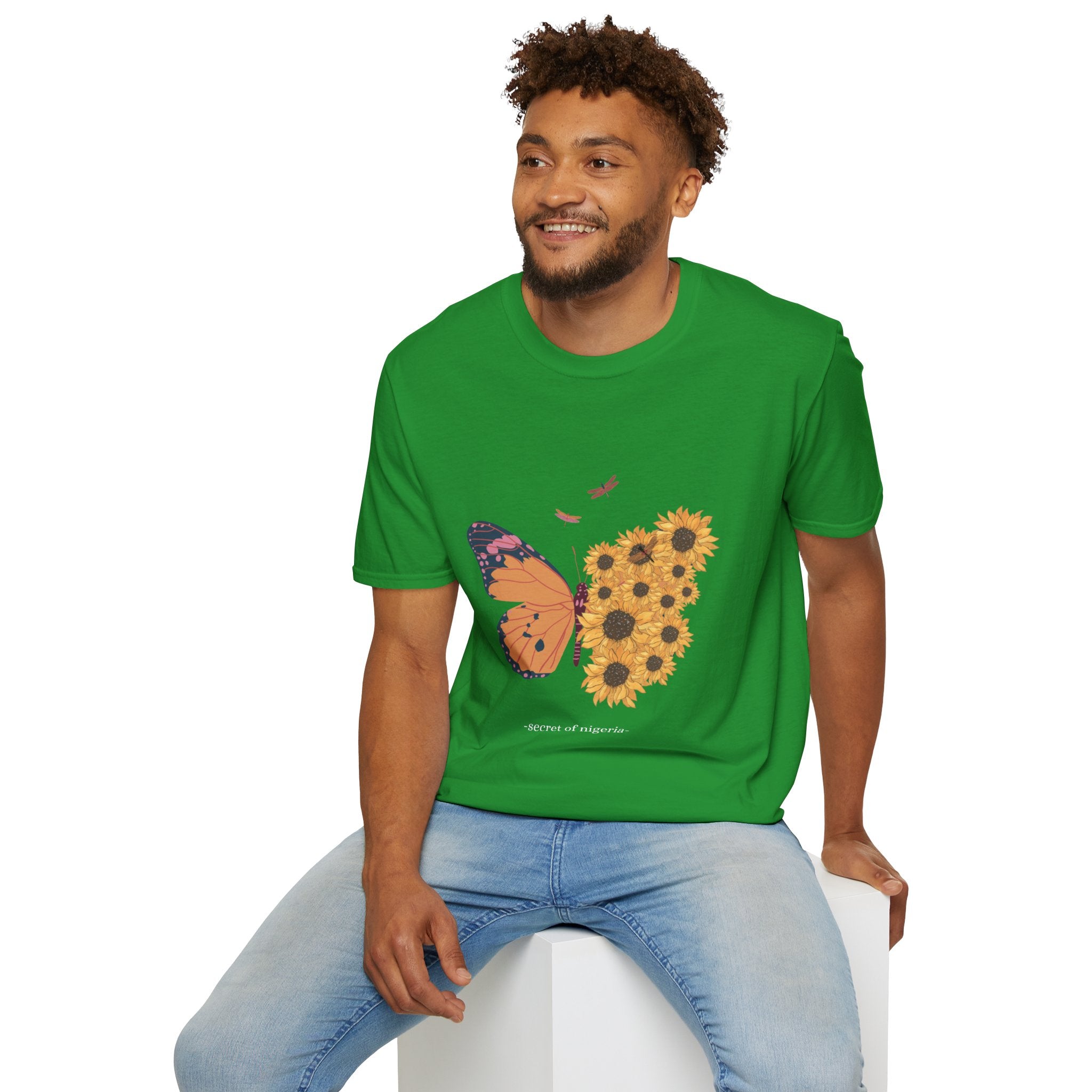 Butterfly and Sunflower Unisex Softstyle T-Shirt, Nature Lovers