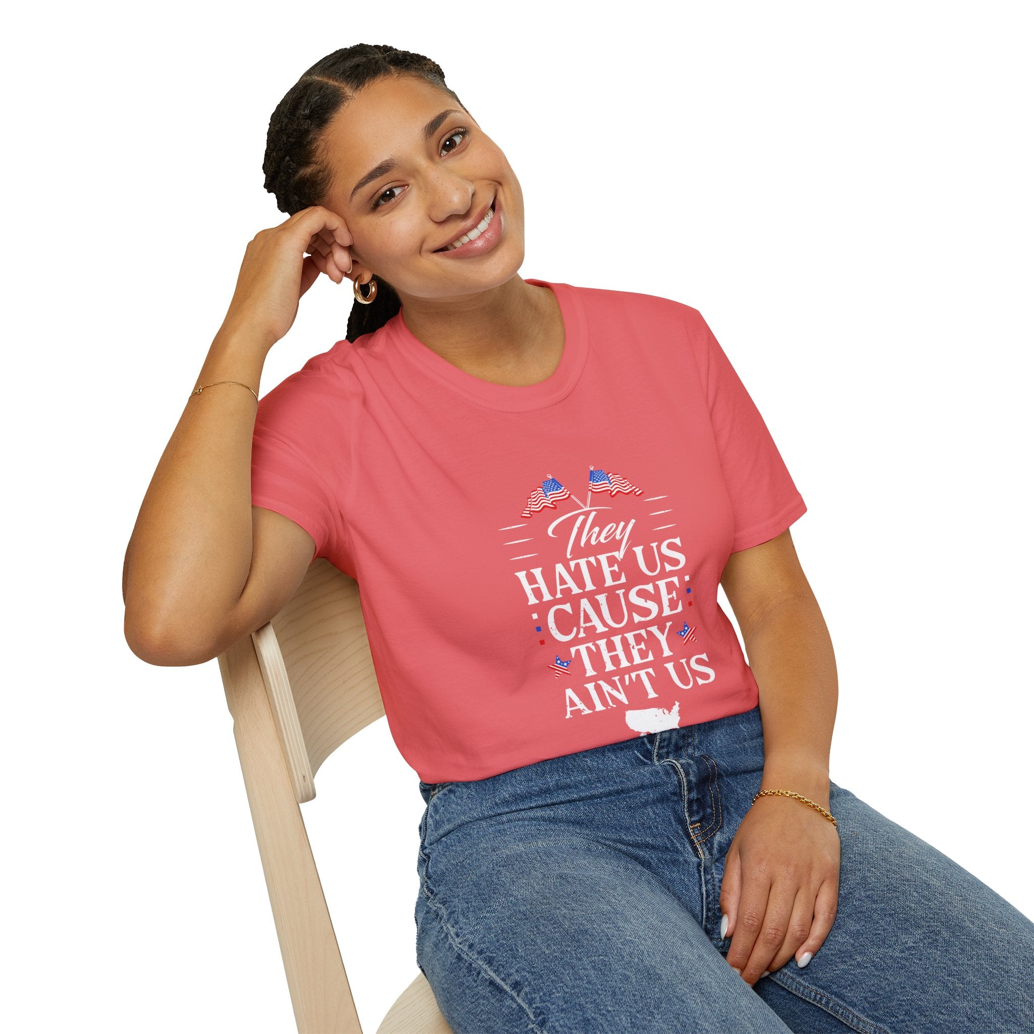 Unisex Softstyle Tee - They Hate Us Cause They Ain't Us, Casual Wear, Gift for Friends, Trendy Graphic Shirt, Comfortable Everyday [...]