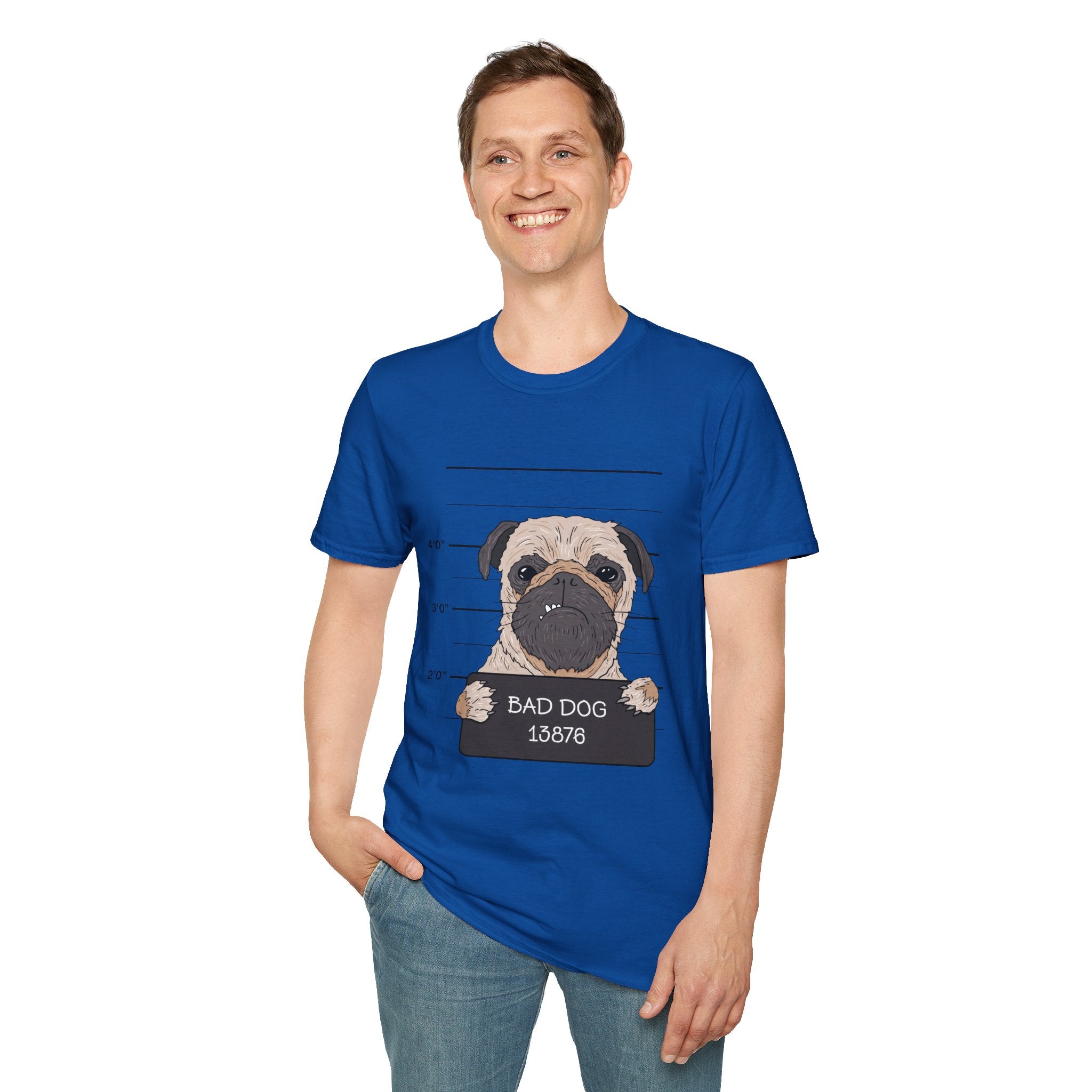 Bad Dog Pug Unisex Softstyle T-Shirt, Funny Dog Lover Tee, Pet Owner Gift, Casual Wear, Dog-Themed Apparel, Pet Humor Shirt