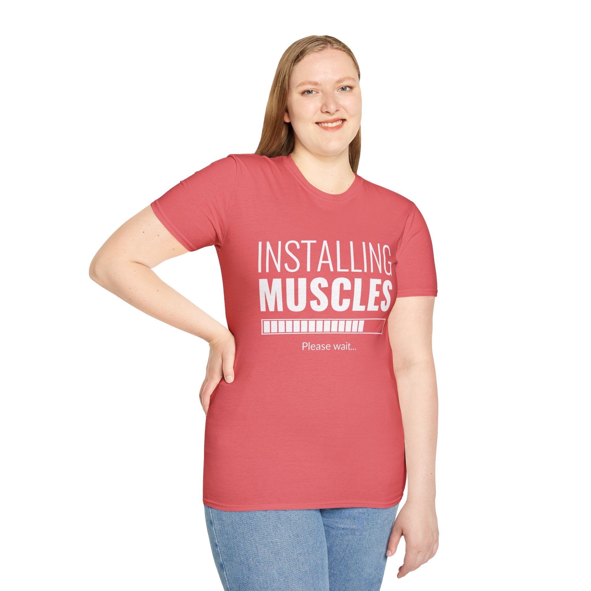 Funny Workout T-Shirt for Fitness Lovers, Gym Humor Shirt, Gift for Him or Her, Installing Muscles Tee, Soft and Comfortable Top