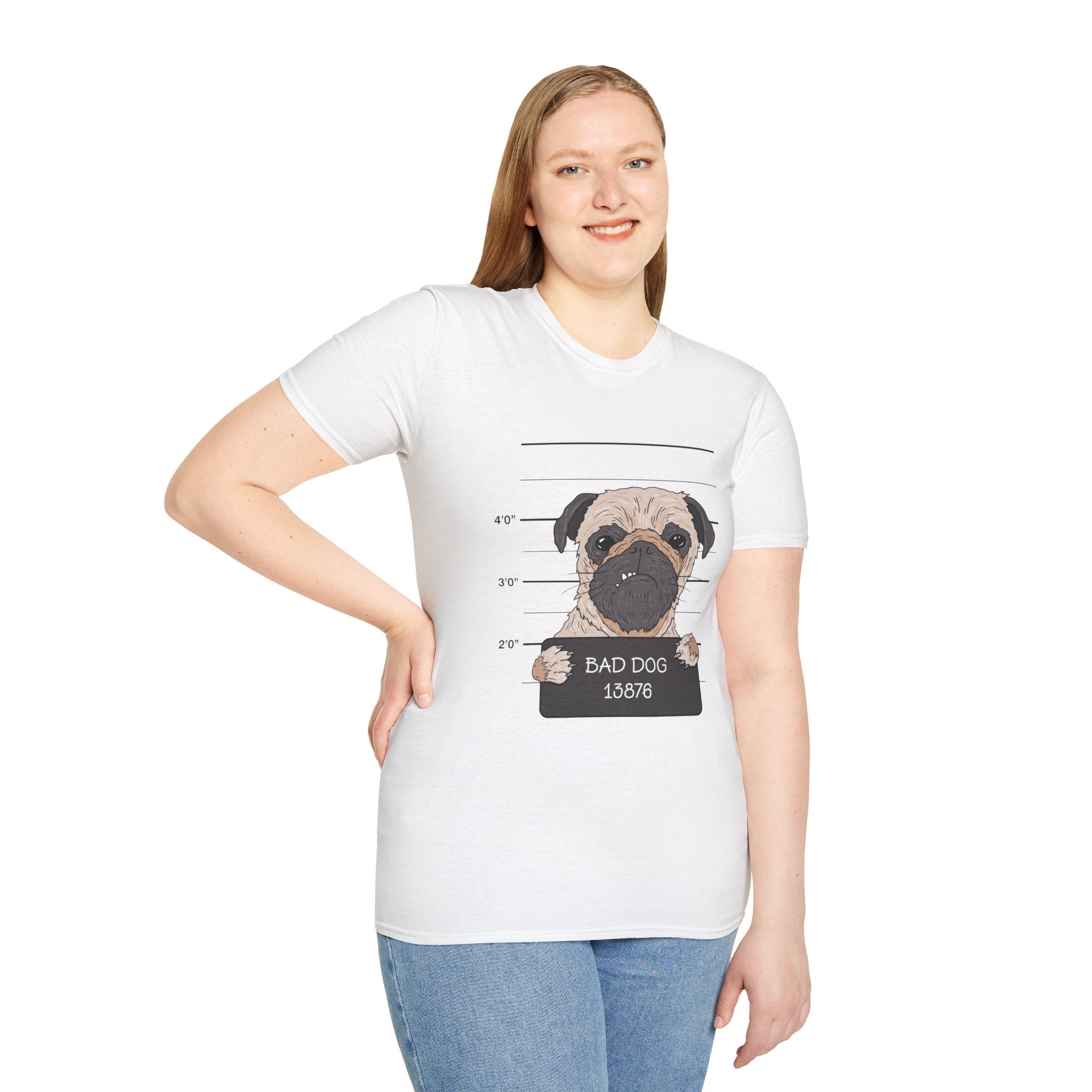 Bad Dog Pug Unisex Softstyle T-Shirt, Funny Dog Lover Tee, Pet Owner Gift, Casual Wear, Dog-Themed Apparel, Pet Humor Shirt