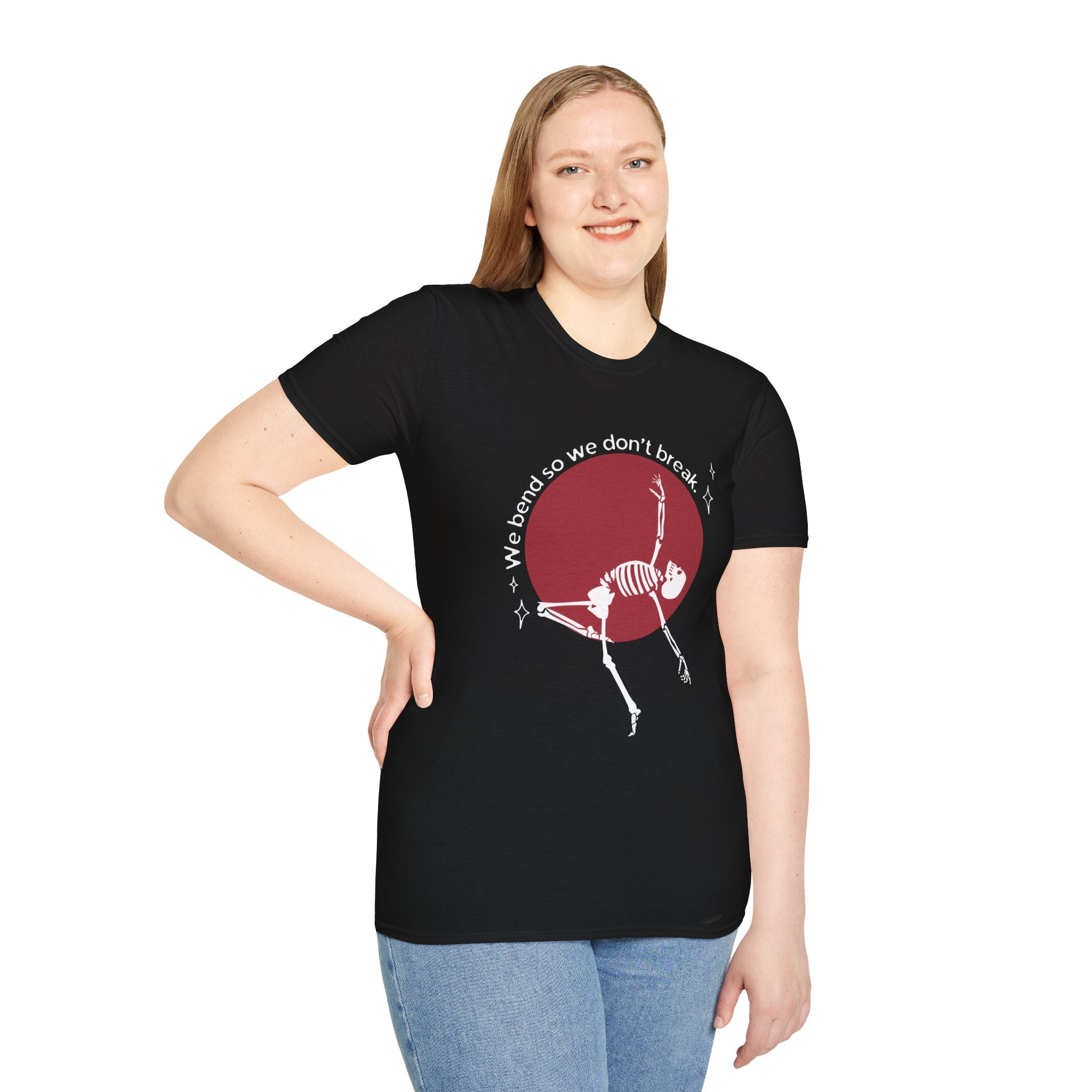 Skeleton Yoga Unisex T-Shirt, We Bend So We Don't Break Tee
