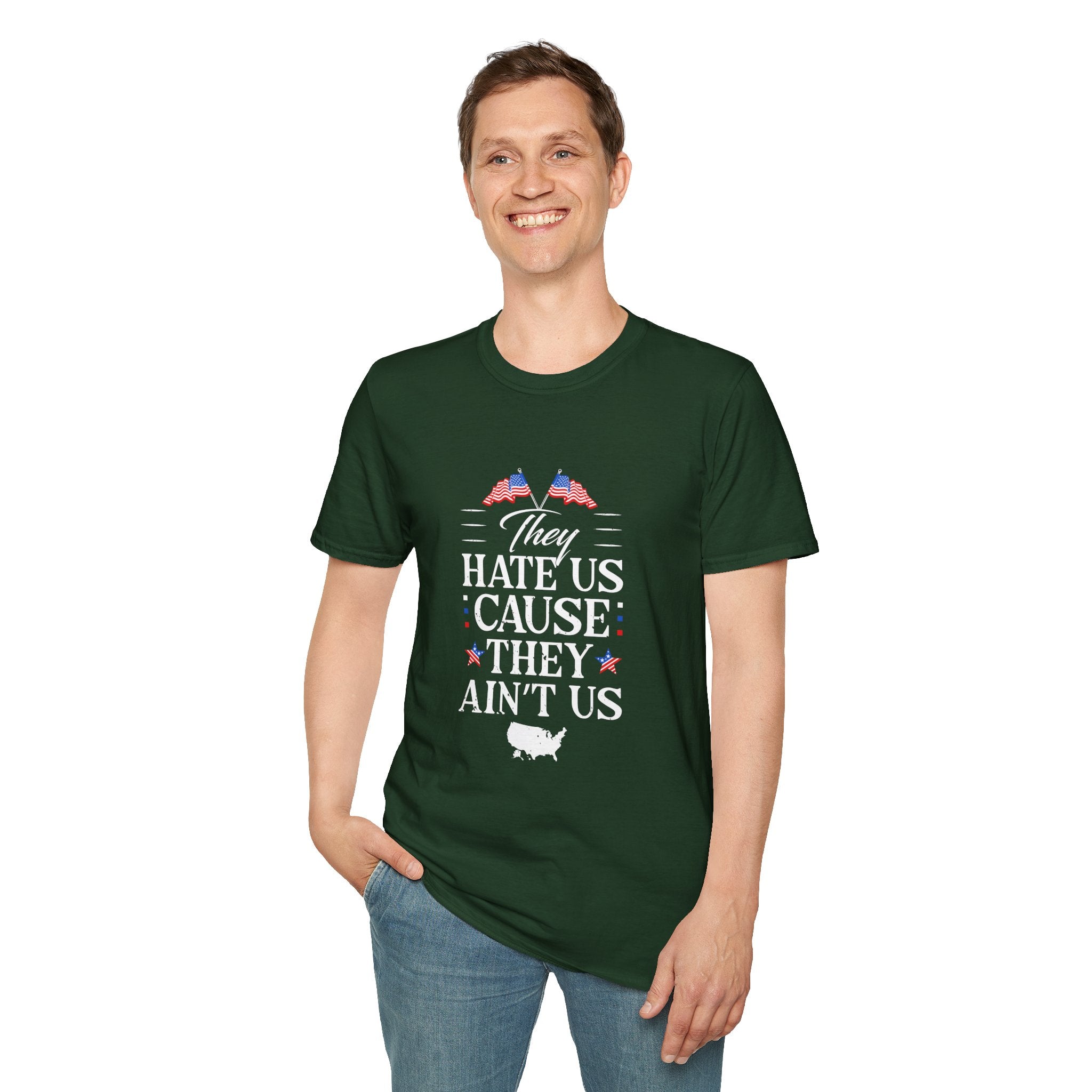 Unisex Softstyle Tee - They Hate Us Cause They Ain't Us, Casual Wear, Gift for Friends, Trendy Graphic Shirt, Comfortable Everyday [...]