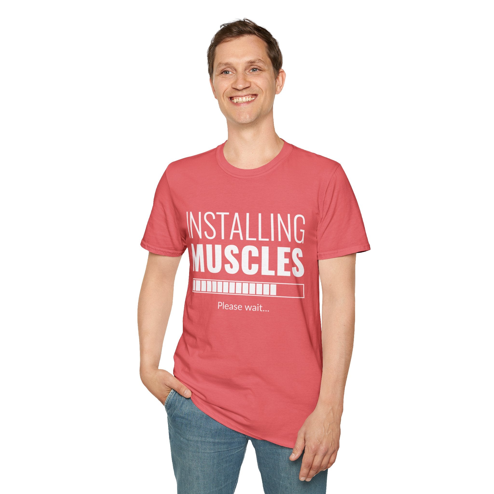 Funny Workout T-Shirt for Fitness Lovers, Gym Humor Shirt, Gift for Him or Her, Installing Muscles Tee, Soft and Comfortable Top