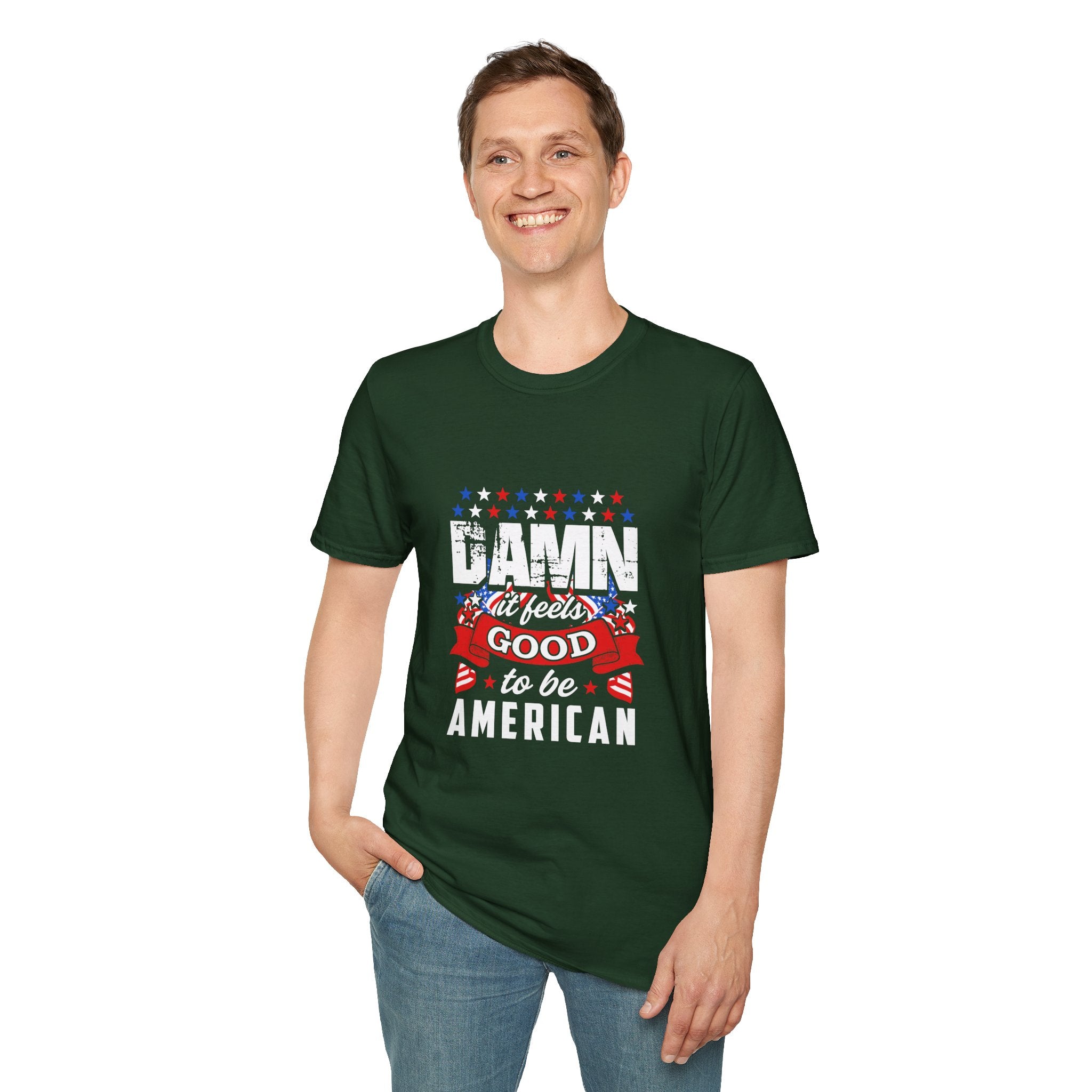 Unisex Patriotic T-Shirt: "Damn It Feels Good to Be American" - Perfect for Independence Day, BBQs, Casual Outings, Gifts, and Celebrations