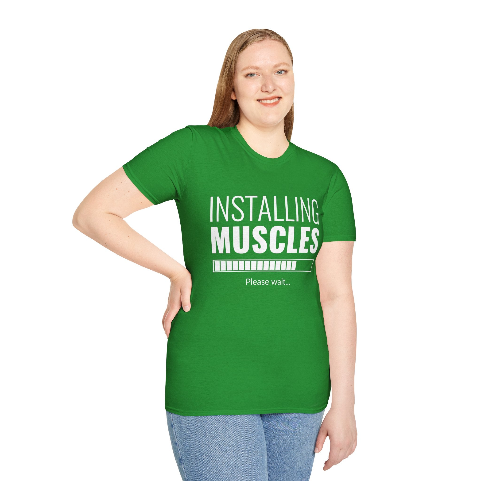 Funny Workout T-Shirt for Fitness Lovers, Gym Humor Shirt, Gift for Him or Her, Installing Muscles Tee, Soft and Comfortable Top