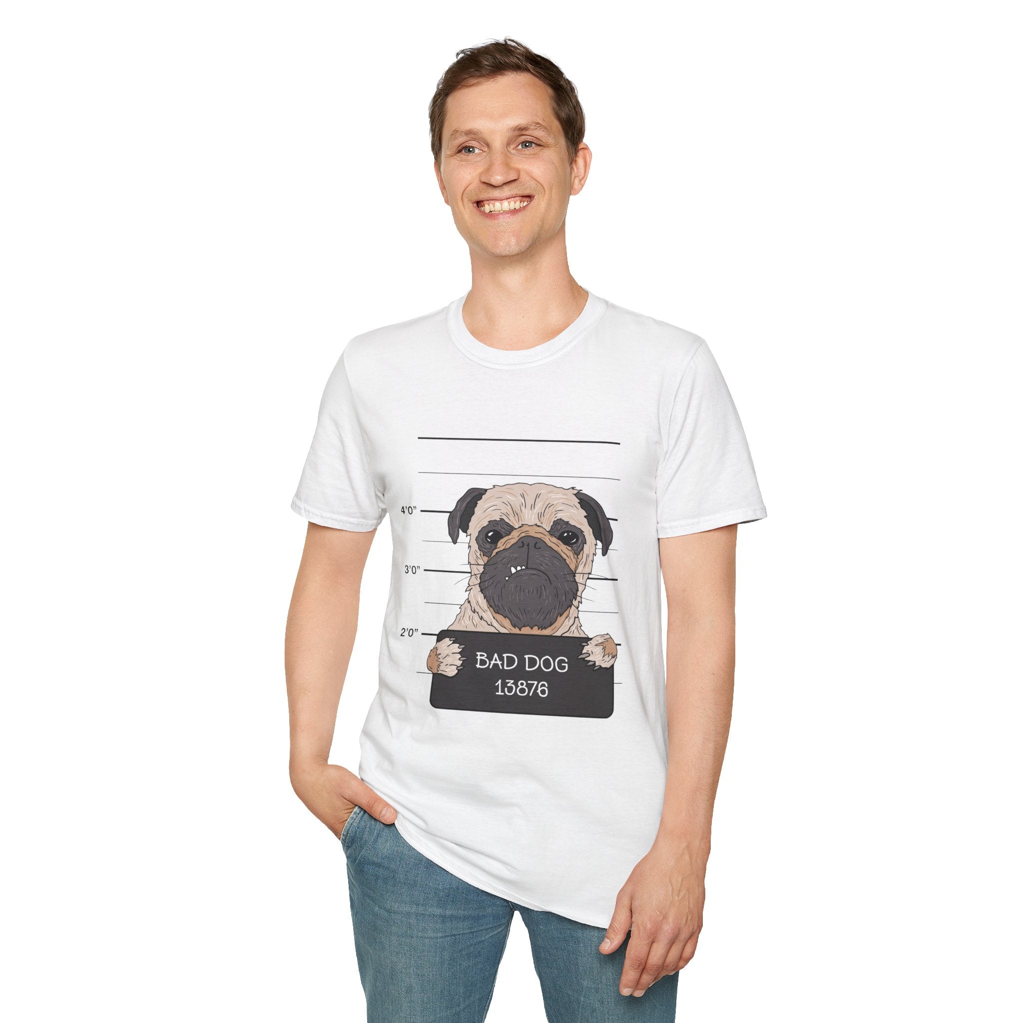 Bad Dog Pug Unisex Softstyle T-Shirt, Funny Dog Lover Tee, Pet Owner Gift, Casual Wear, Dog-Themed Apparel, Pet Humor Shirt