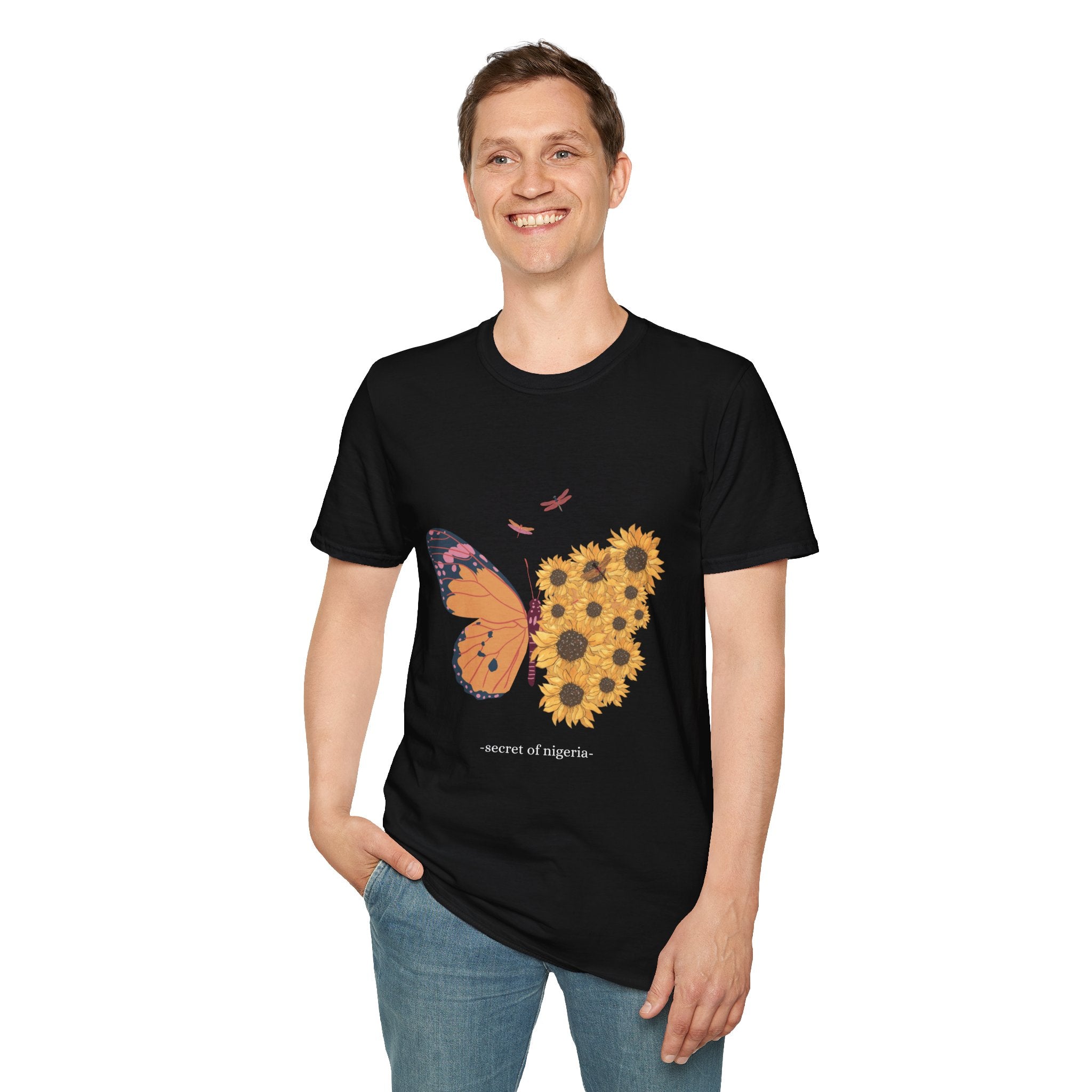 Butterfly and Sunflower Unisex Softstyle T-Shirt, Nature Lovers