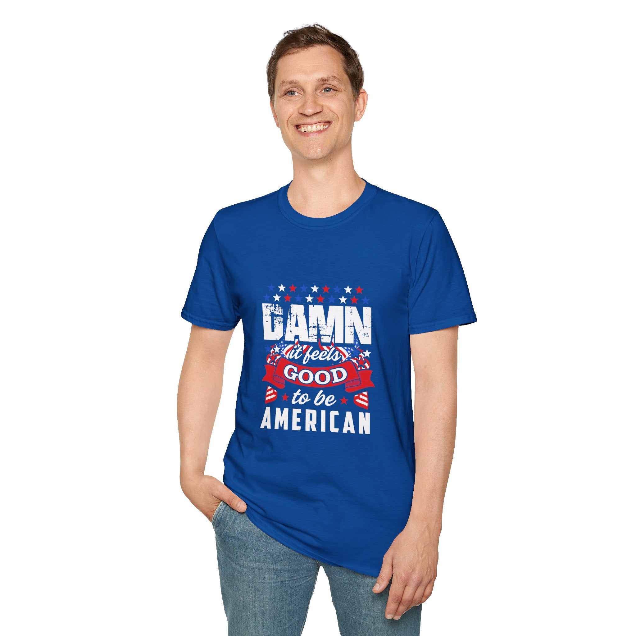 Unisex Patriotic T-Shirt: "Damn It Feels Good to Be American" - Perfect for Independence Day, BBQs, Casual Outings, Gifts, and Celebrations