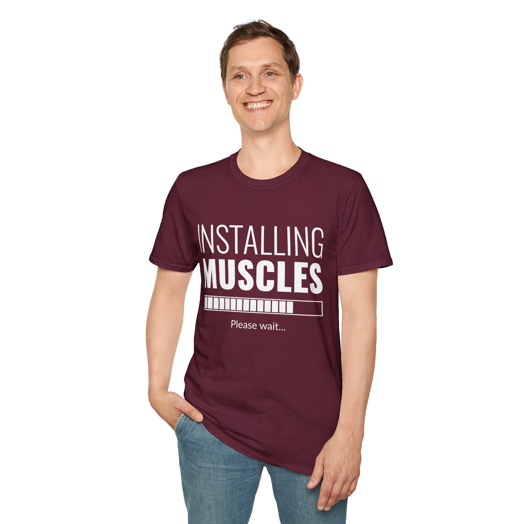 Funny Workout T-Shirt for Fitness Lovers, Gym Humor Shirt, Gift for Him or Her, Installing Muscles Tee, Soft and Comfortable Top
