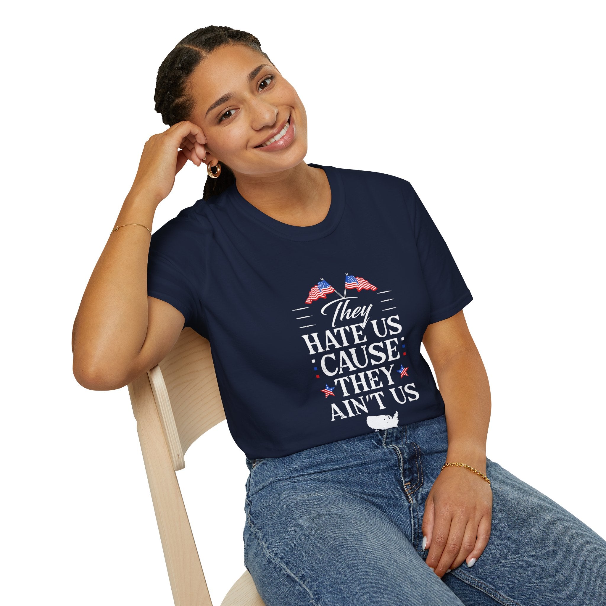 Unisex Softstyle Tee - They Hate Us Cause They Ain't Us, Casual Wear, Gift for Friends, Trendy Graphic Shirt, Comfortable Everyday [...]