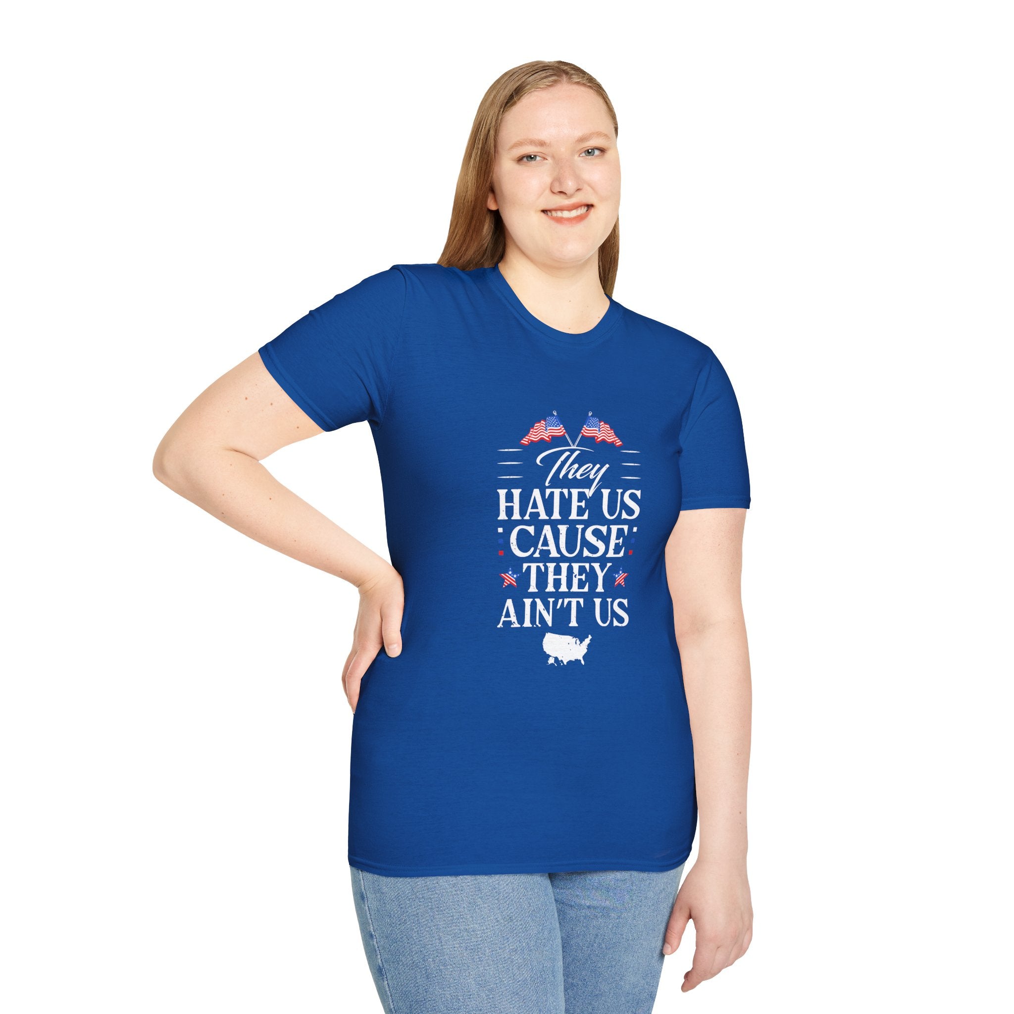 Unisex Softstyle Tee - They Hate Us Cause They Ain't Us, Casual Wear, Gift for Friends, Trendy Graphic Shirt, Comfortable Everyday [...]