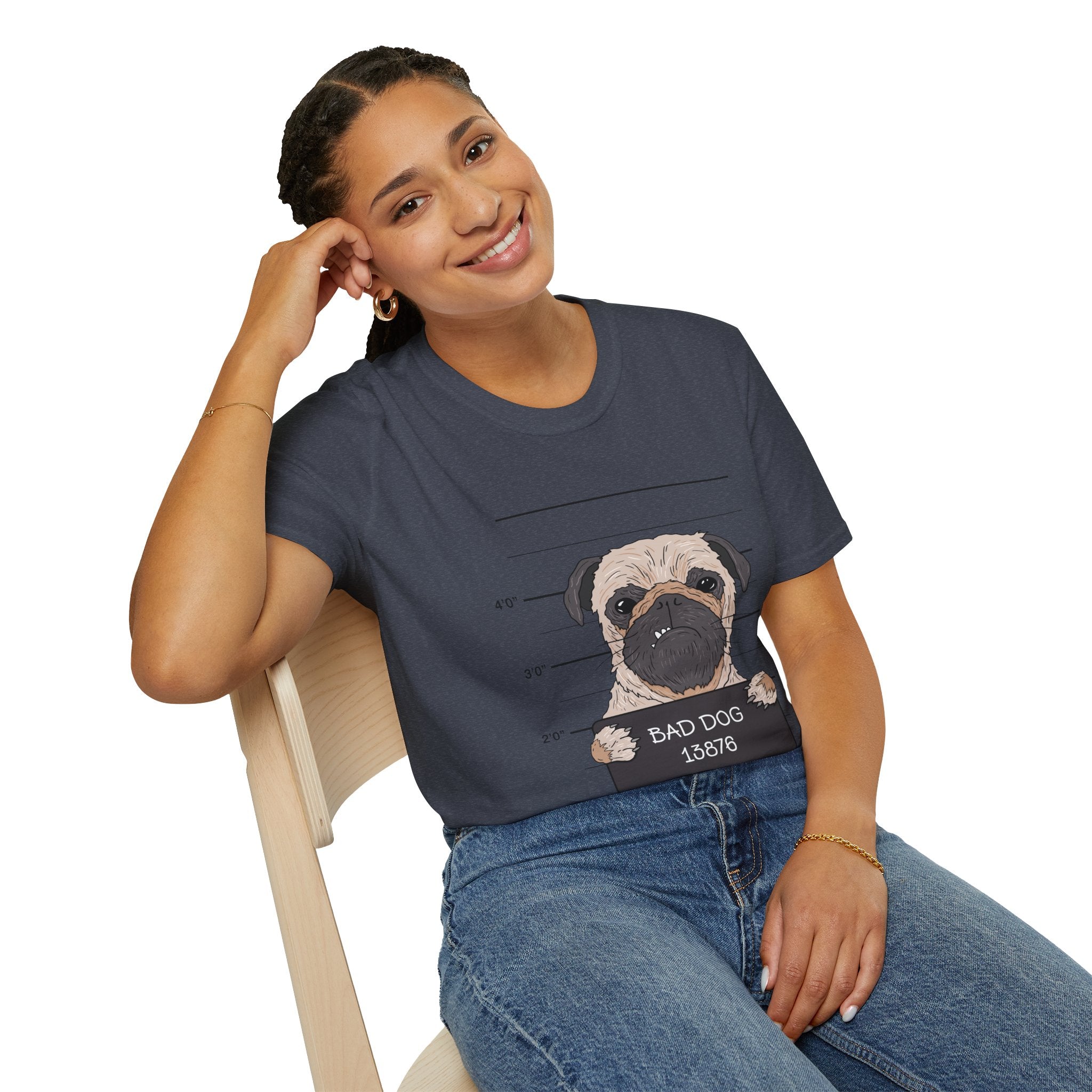 Bad Dog Pug Unisex Softstyle T-Shirt, Funny Dog Lover Tee, Pet Owner Gift, Casual Wear, Dog-Themed Apparel, Pet Humor Shirt