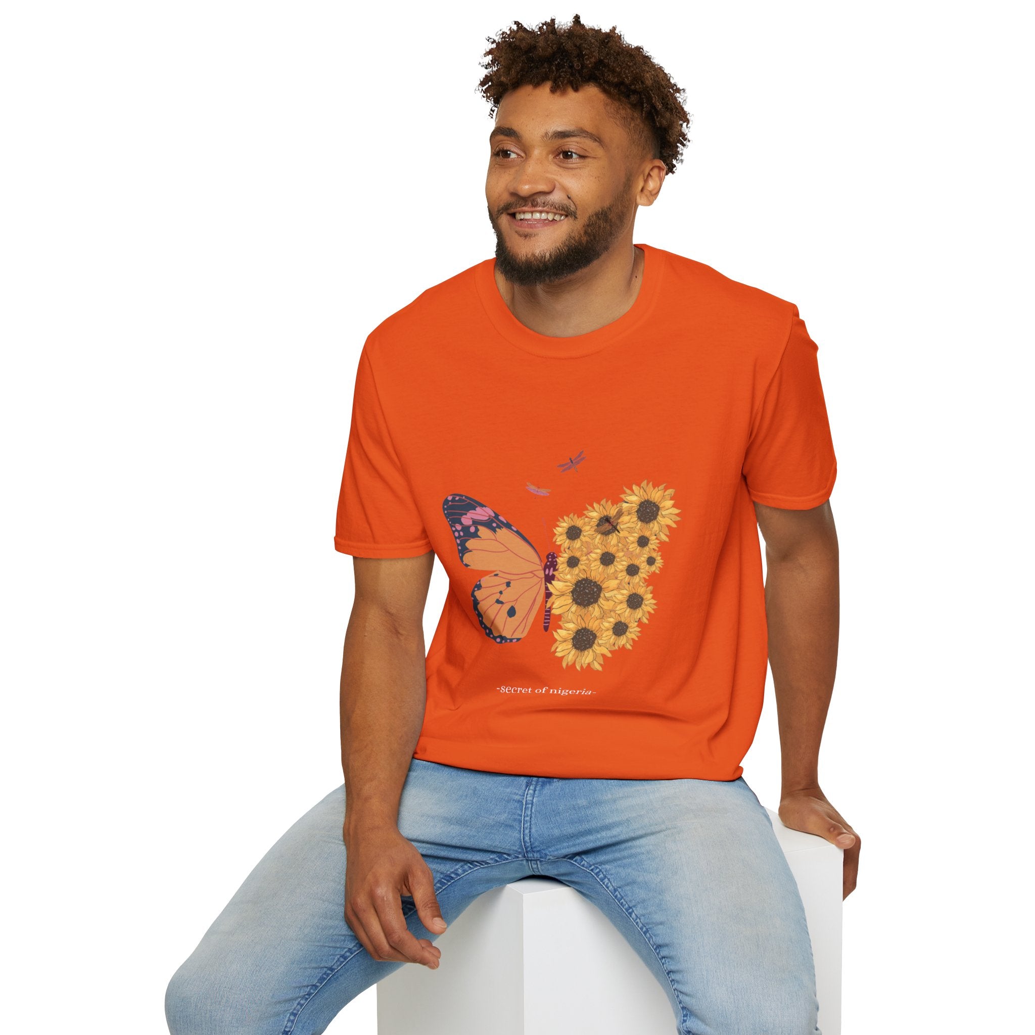 Butterfly and Sunflower Unisex Softstyle T-Shirt, Nature Lovers