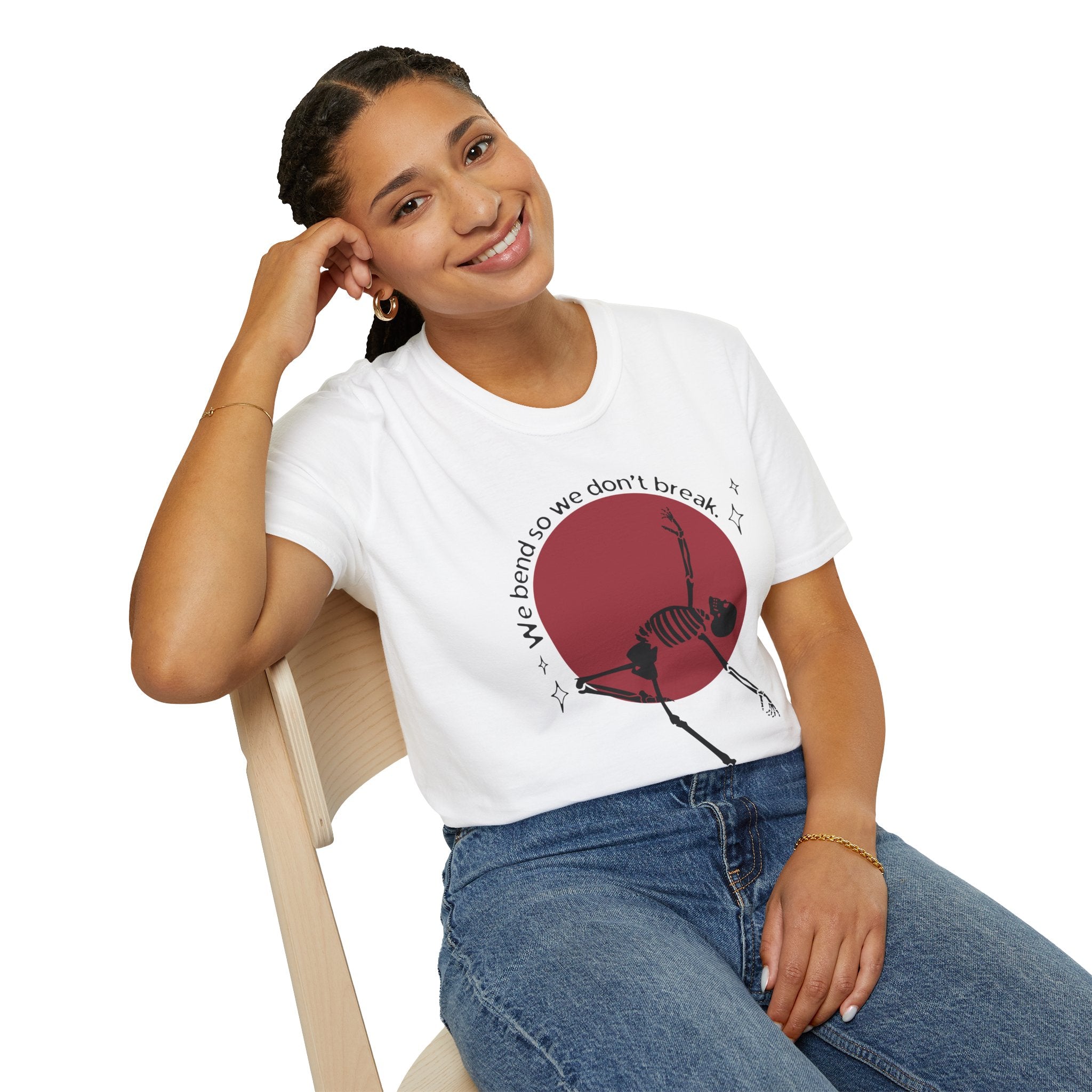 Skeleton Yoga Unisex T-Shirt, We Bend So We Don't Break Tee