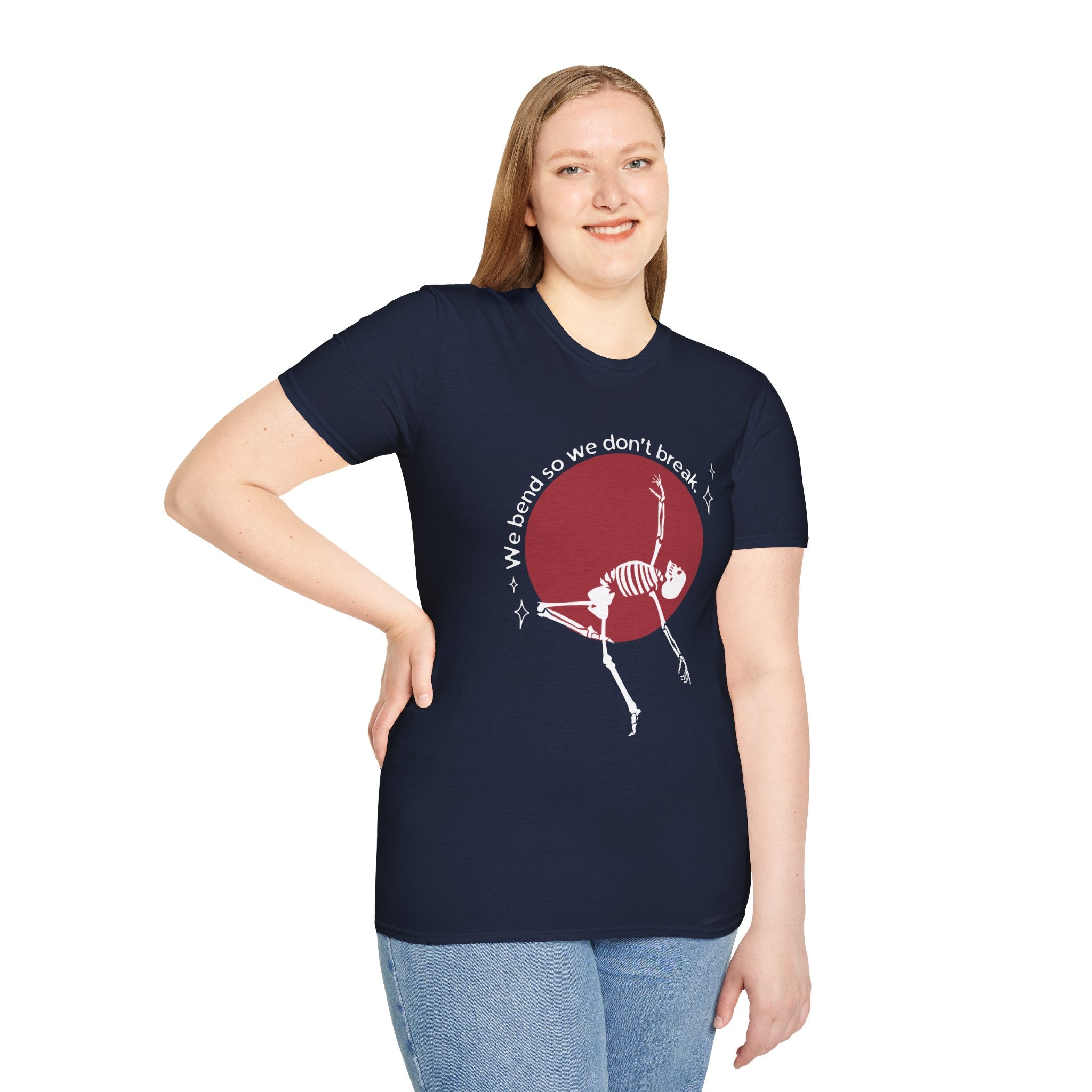 Skeleton Yoga Unisex T-Shirt, We Bend So We Don't Break Tee