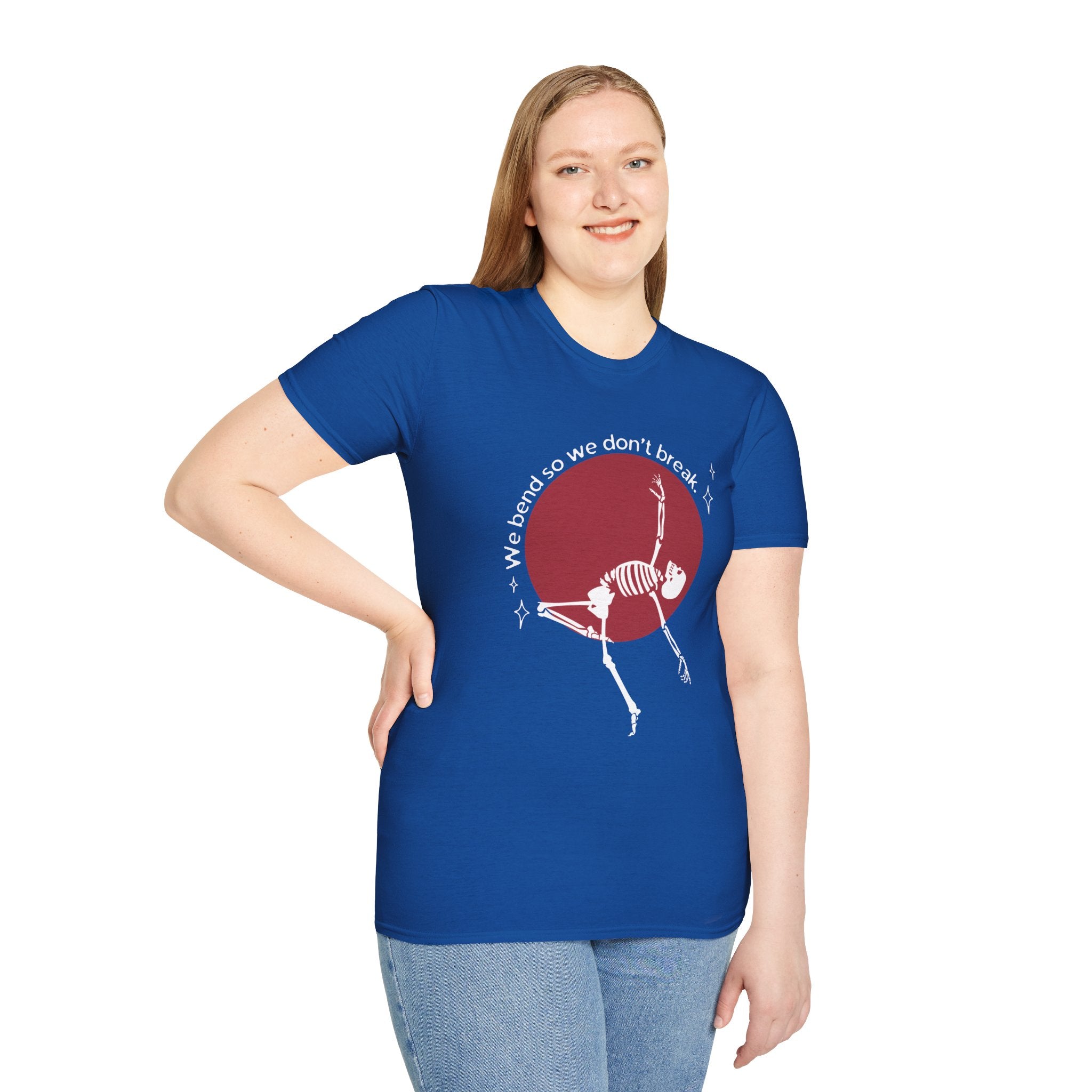 Skeleton Yoga Unisex T-Shirt, We Bend So We Don't Break Tee