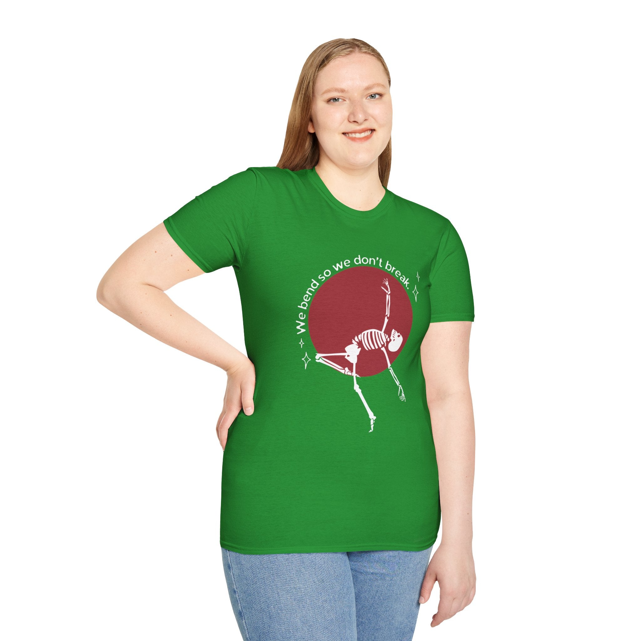 Skeleton Yoga Unisex T-Shirt, We Bend So We Don't Break Tee