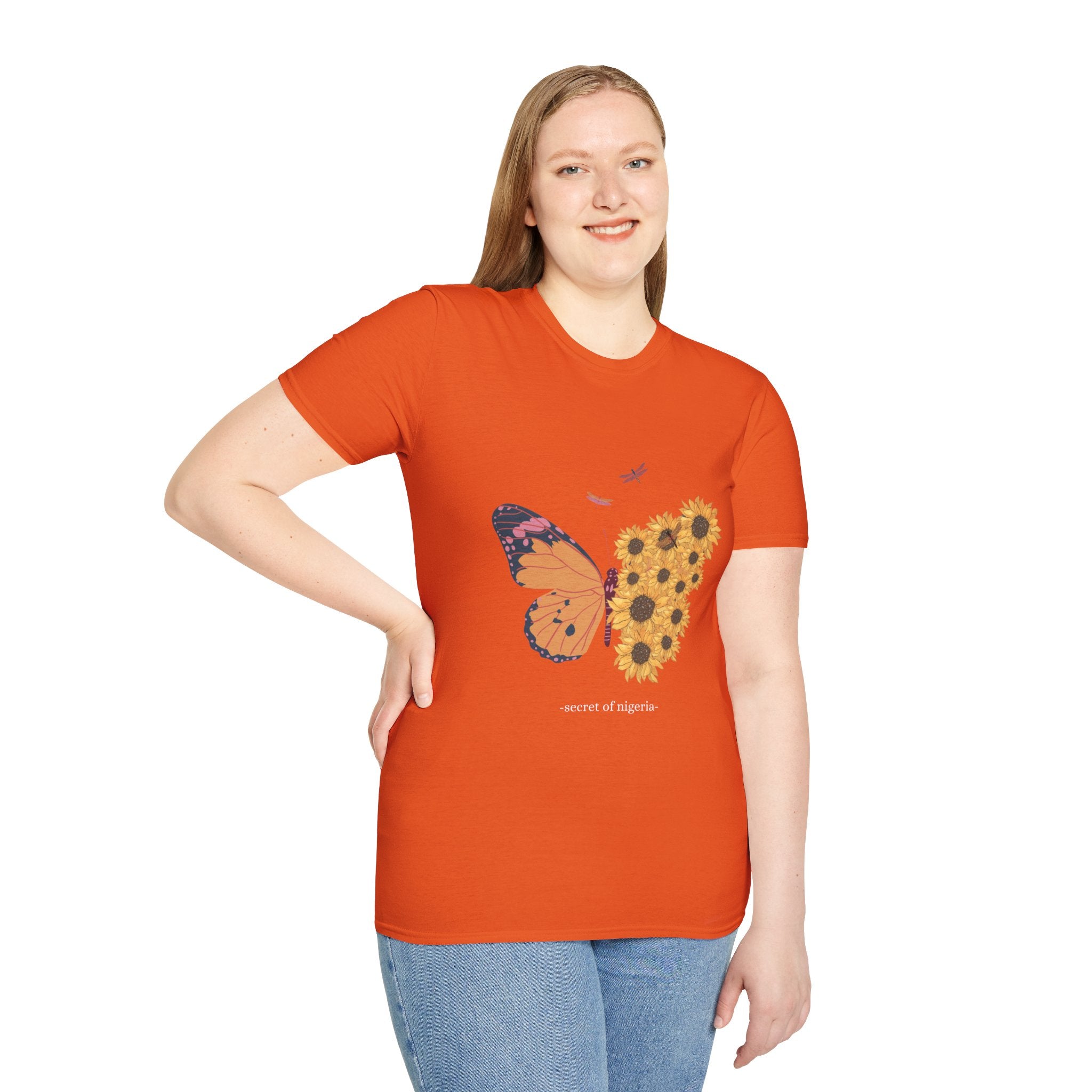 Butterfly and Sunflower Unisex Softstyle T-Shirt, Nature Lovers