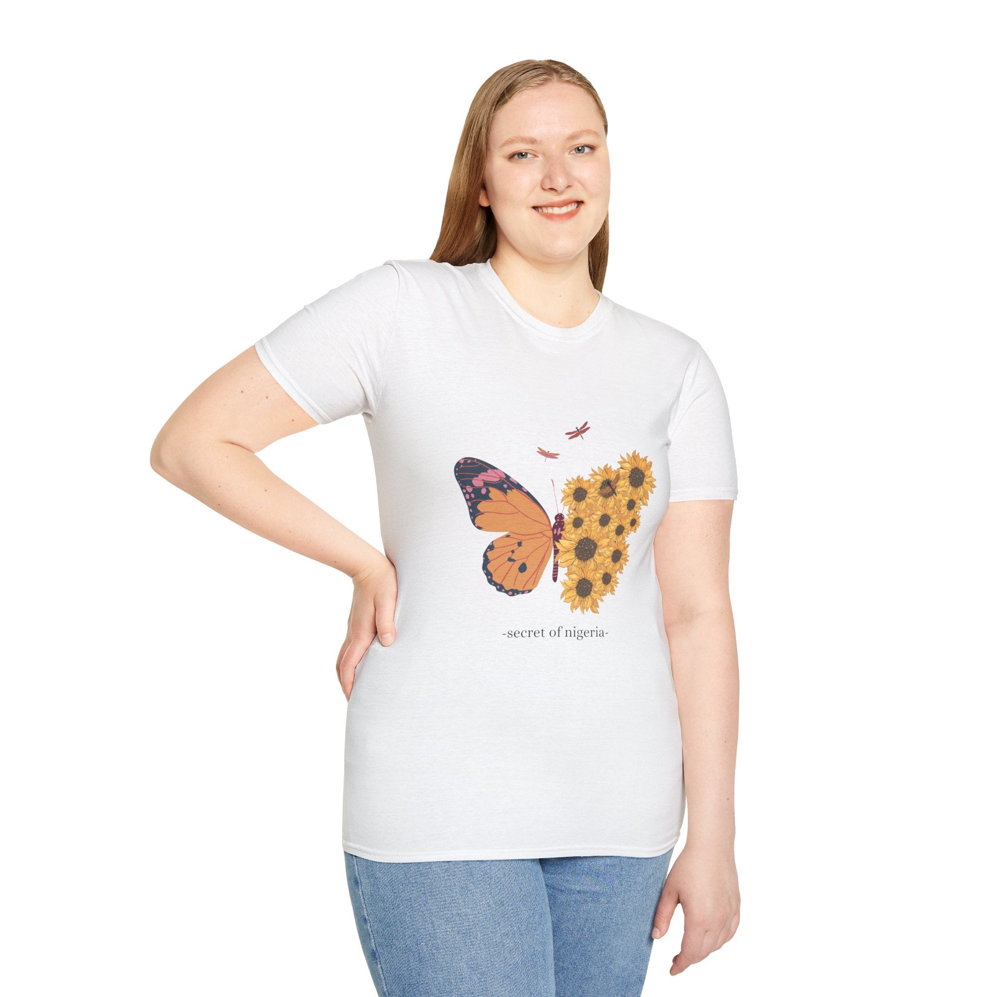 Butterfly and Sunflower Unisex Softstyle T-Shirt, Nature Lovers