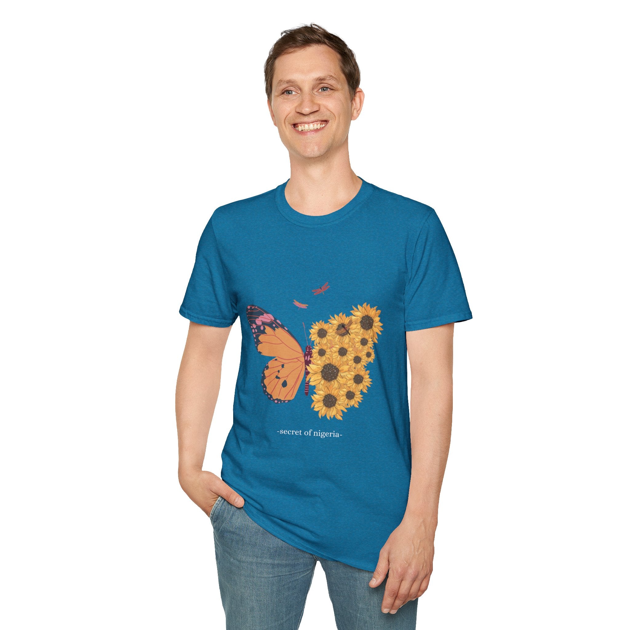 Butterfly and Sunflower Unisex Softstyle T-Shirt, Nature Lovers